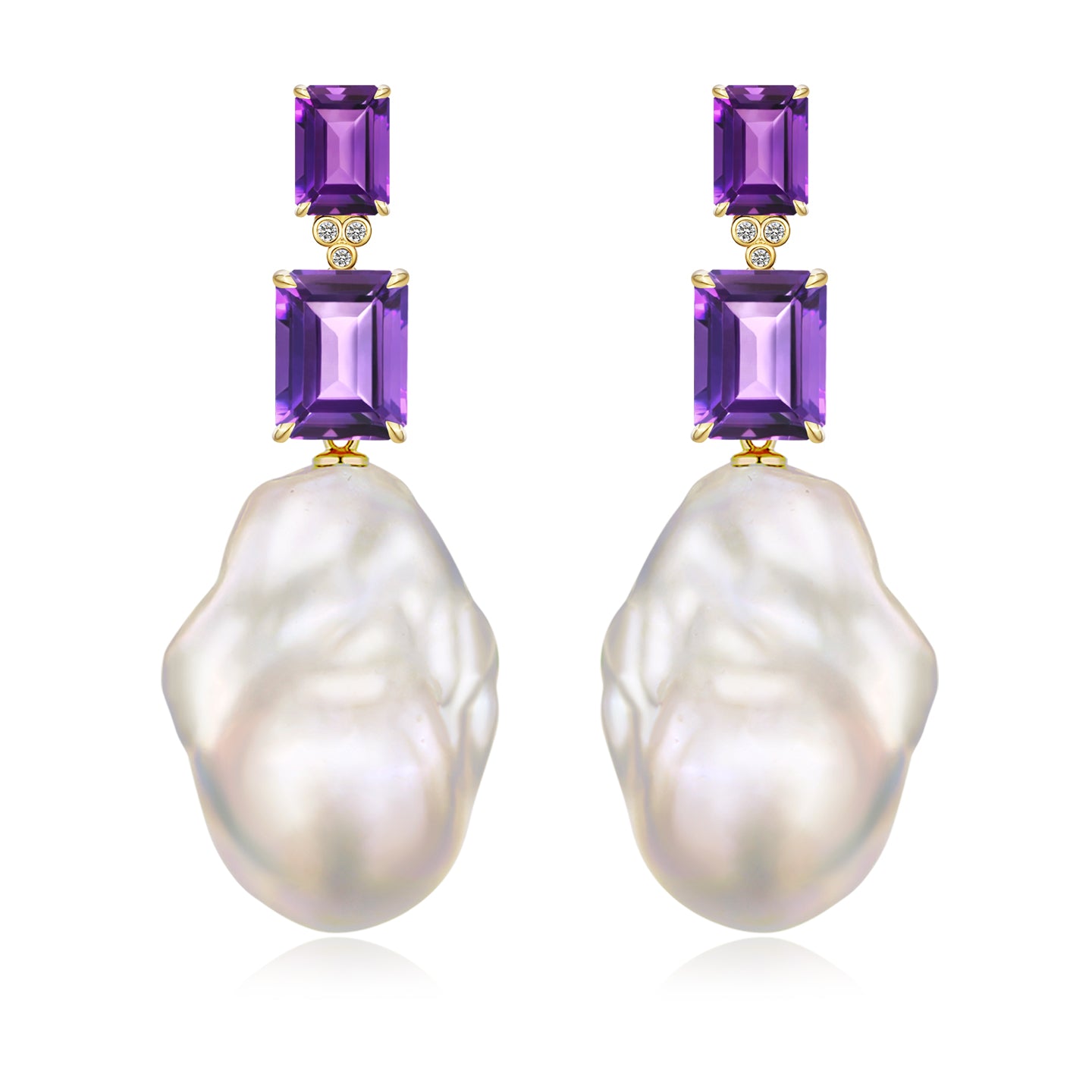 Divina Emerald-Cut Amethyst Diamond Baroque Pearl Convertible Drop Earrings