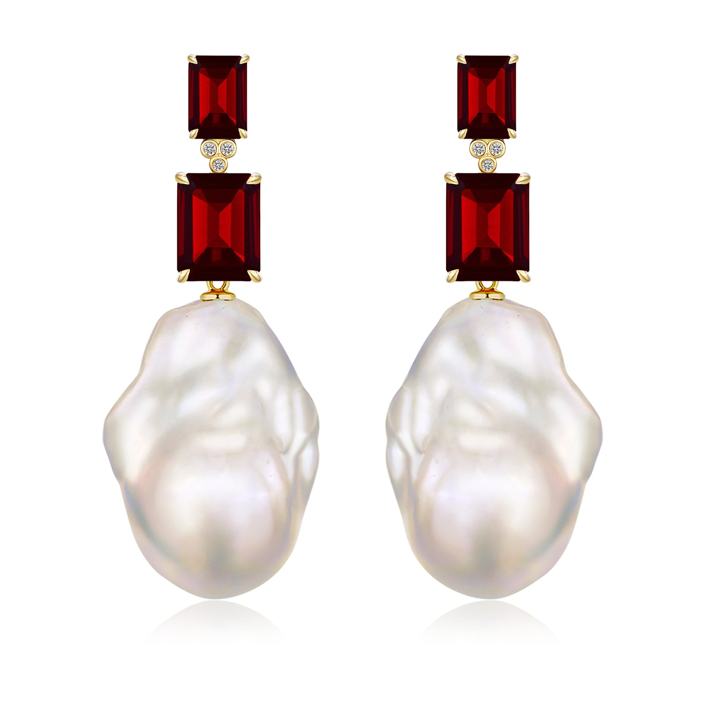 Divina Emerald-Cut Garnet Diamond Baroque Pearl Convertible Drop Earrings