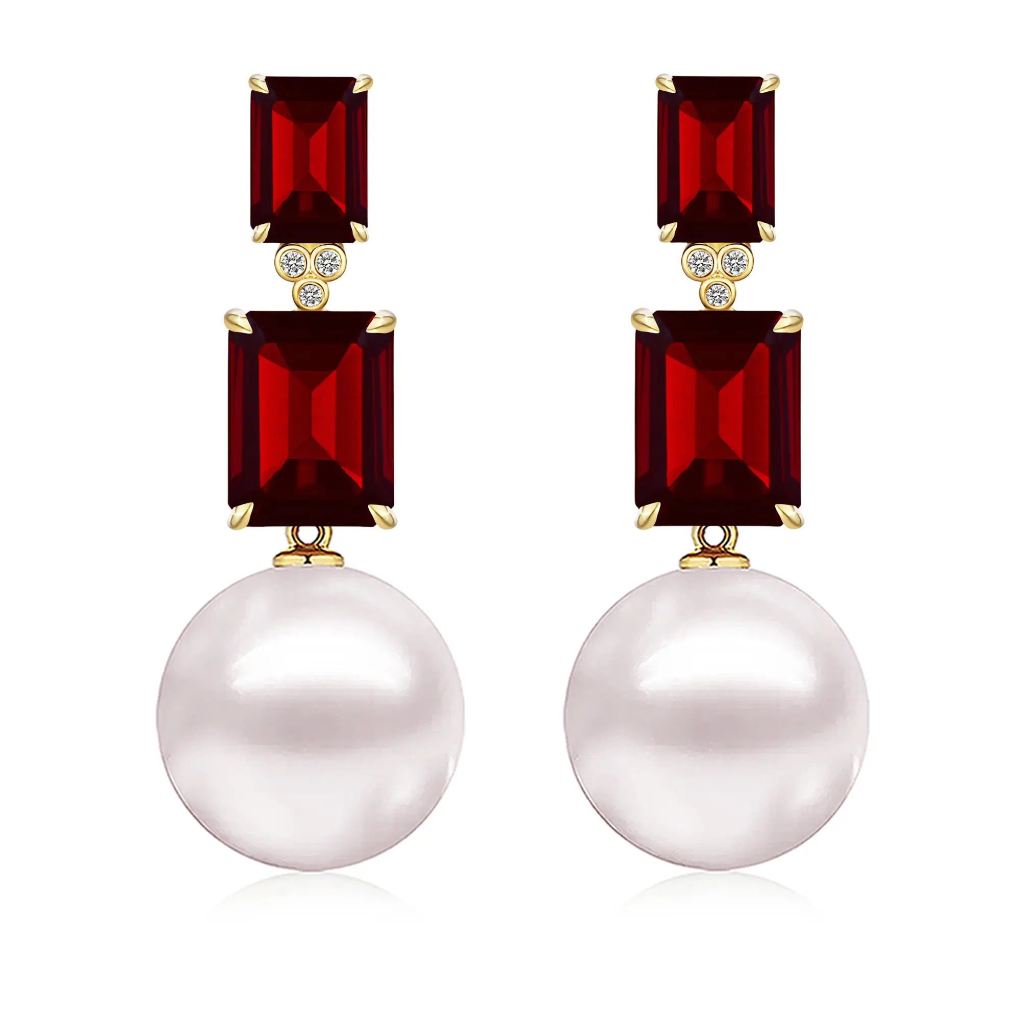 Divina Emerald-Cut Garnet Diamond Convertible Pearl Drop Earrings