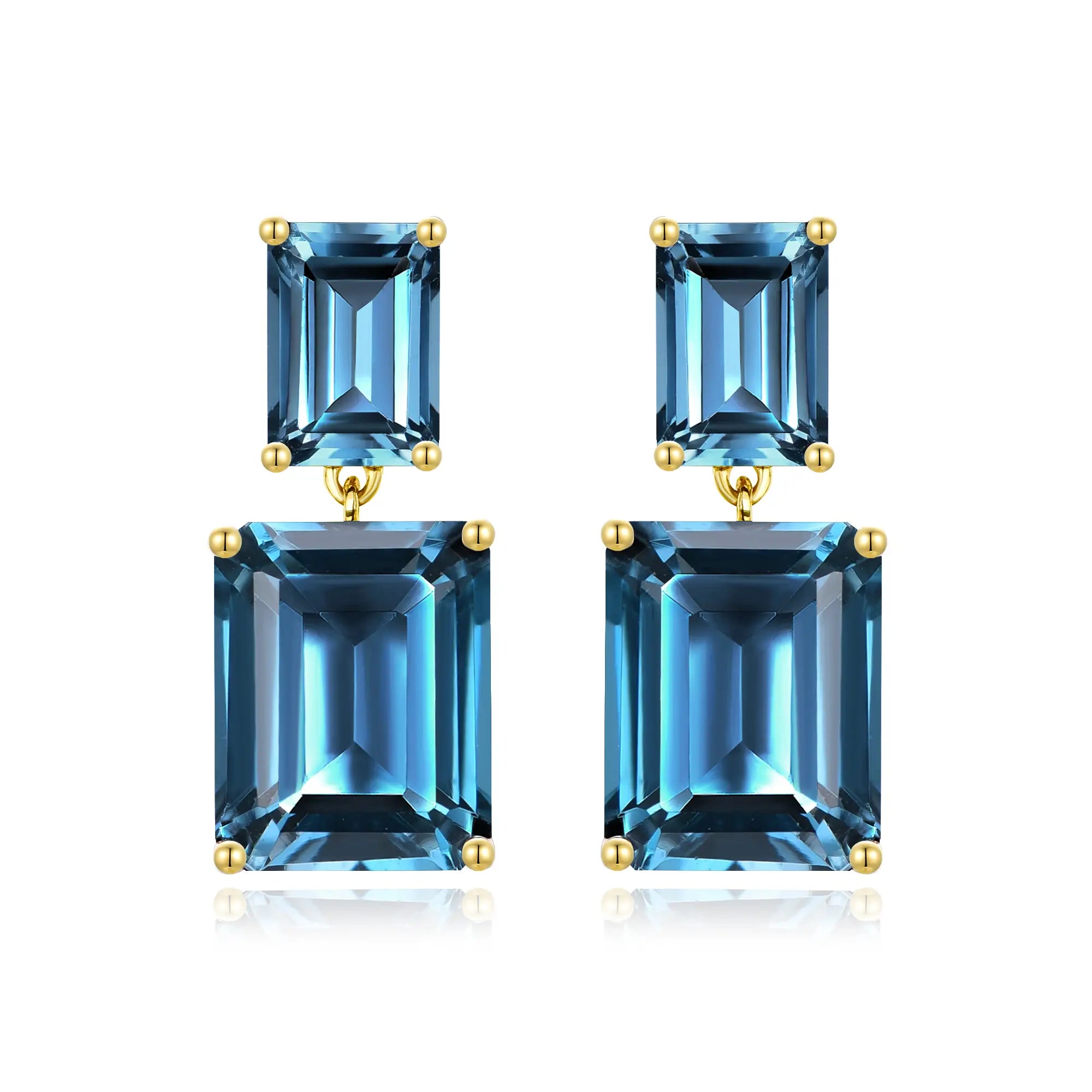 Duet Emerald-Cut Natural 10ctw London Blue Topaz Drop Earrings in 14k yellow gold