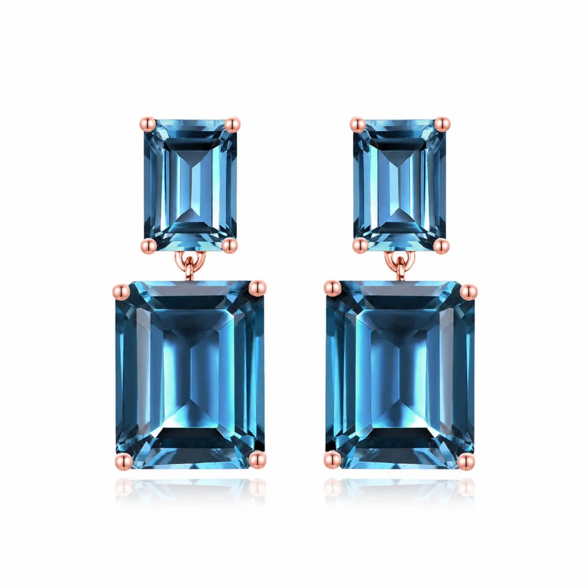 Duet Emerald-Cut Natural 10ctw London Blue Topaz Drop Earrings in 14k rose gold