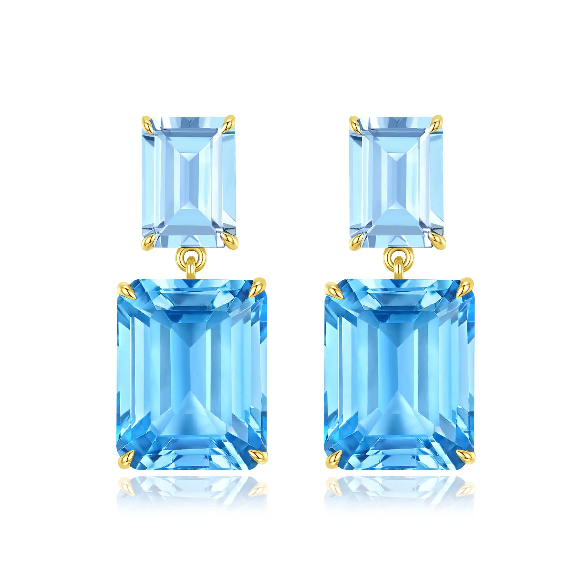 Duet Natutal Emerald-Cut Sky Blue Aquamarine & Blue Topaz Drop Earrings in 14k yellow gold