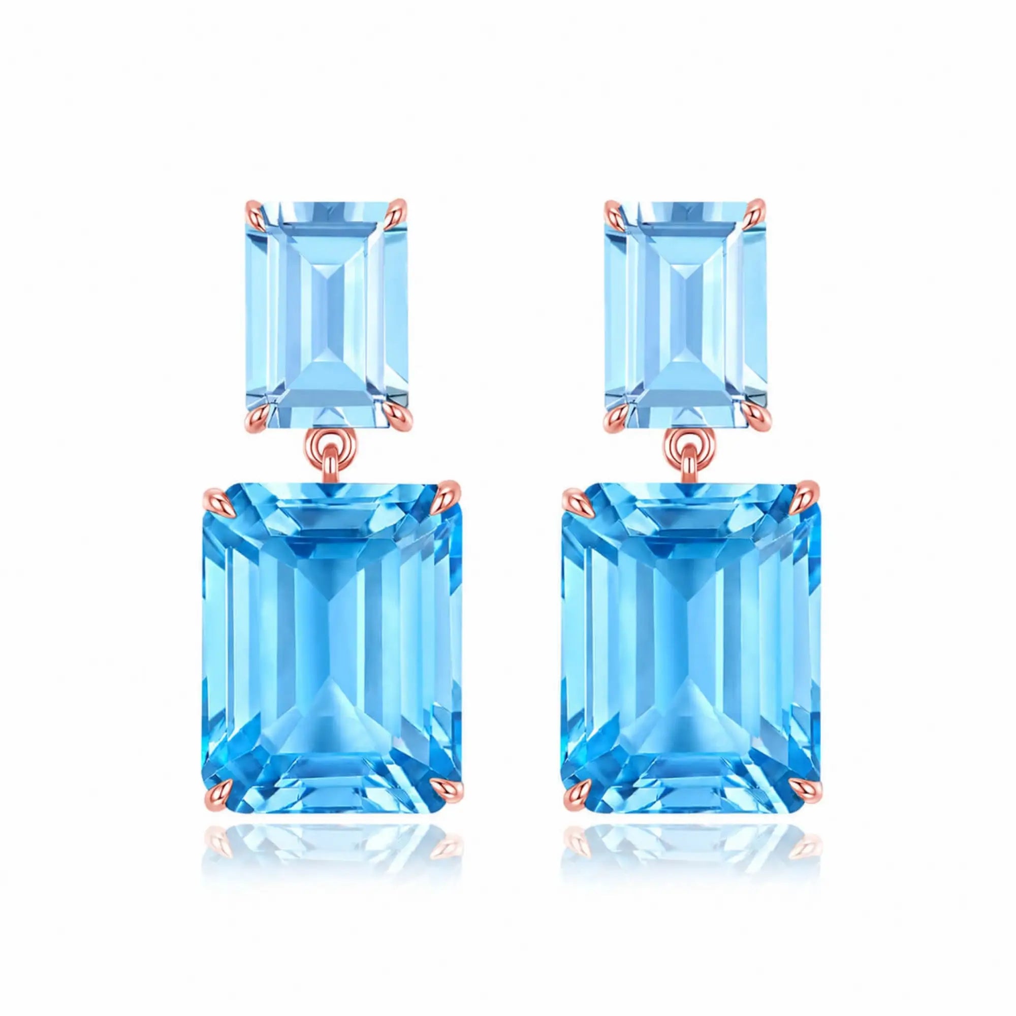 Duet Natutal Emerald-Cut Sky Blue Aquamarine & Blue Topaz Drop Earrings in 14k rose gold