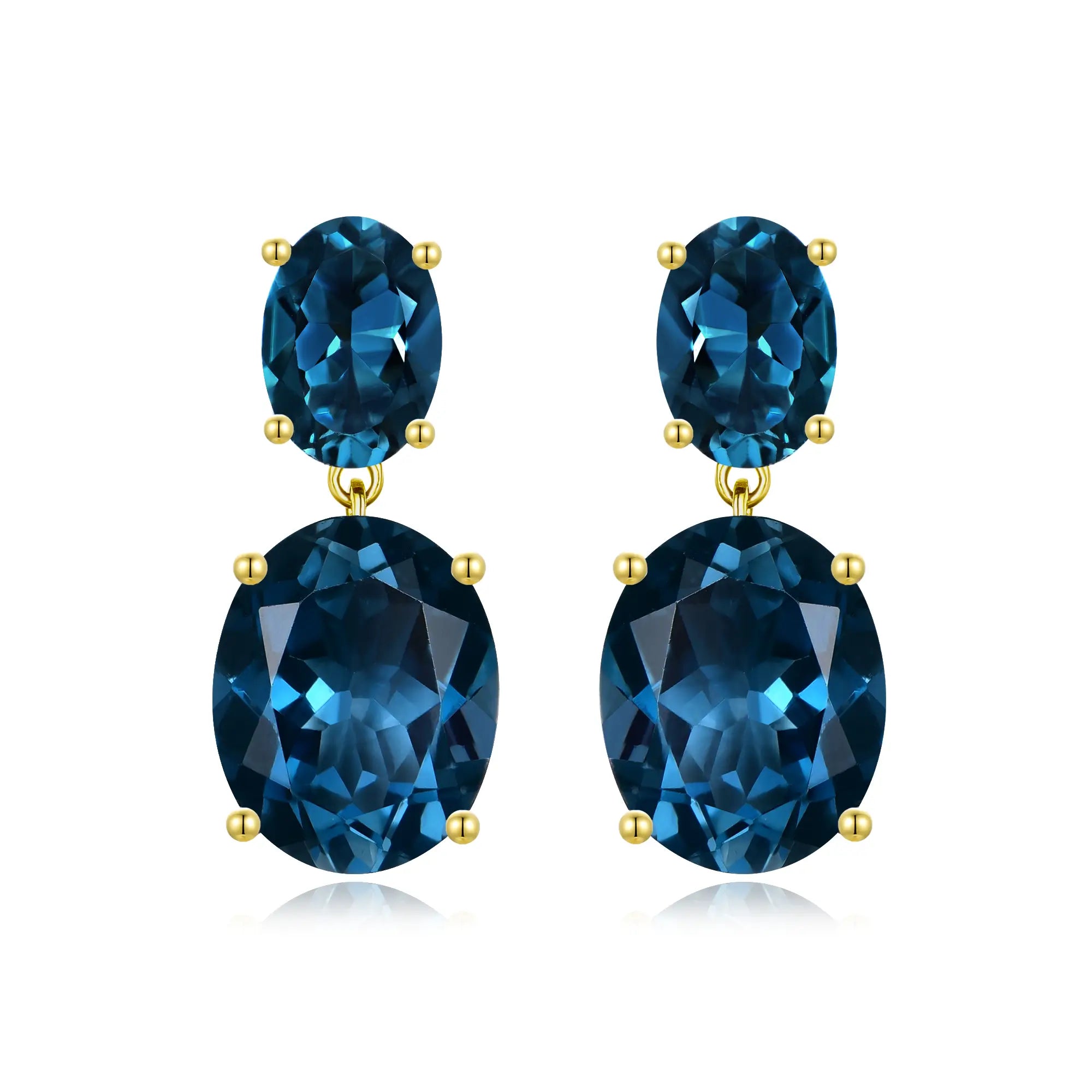 Duet Oval Natural 8.6ctw London Blue Topaz Drop Earrings in 14k yellow gold