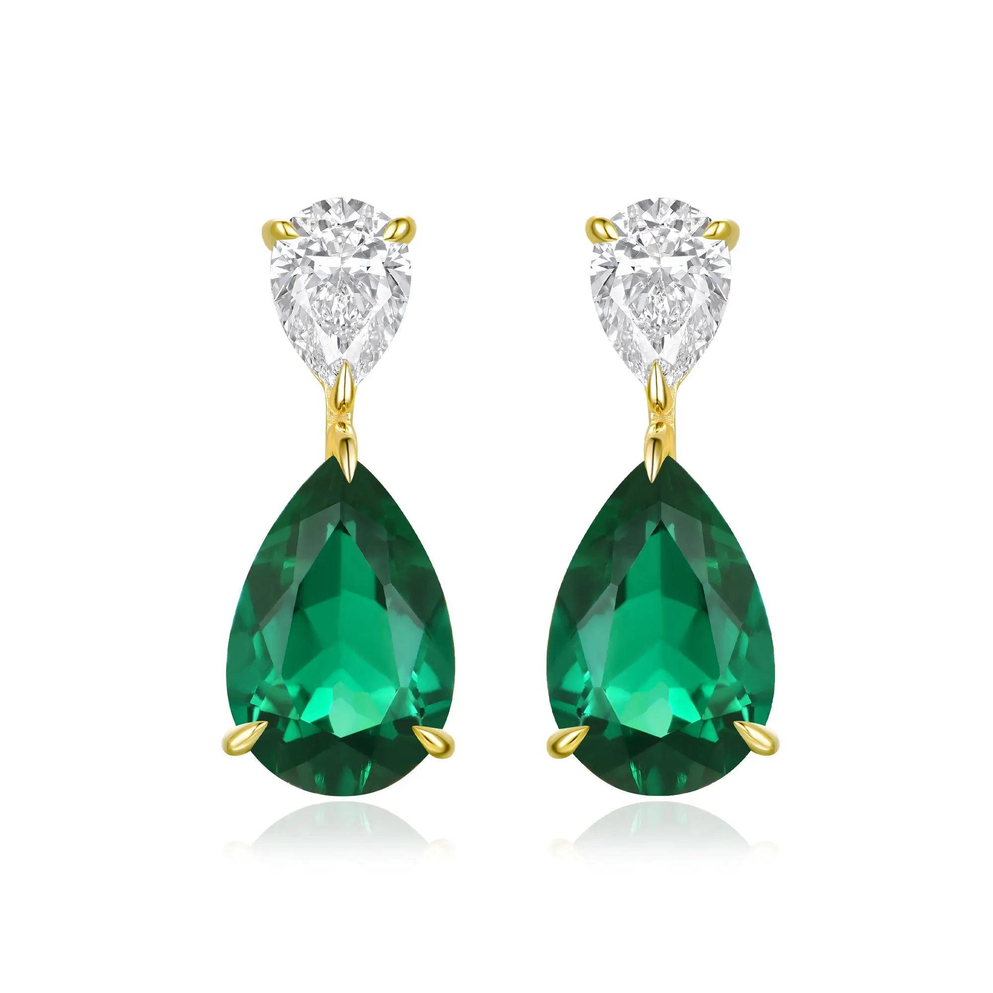 Duet 7ctw Pear Lab Grown Diamond & Emerald Drop Earrings in 14k yellow gold
