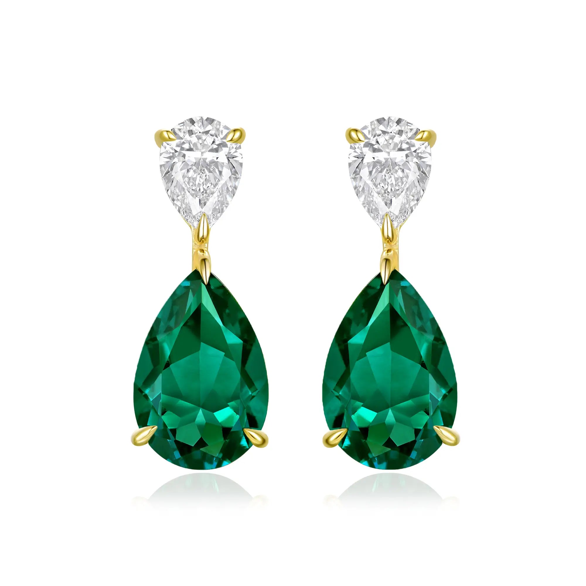Duet 7ctw Pear Lab Grown Diamond & Emerald Drop Earrings in 14k yellow gold
