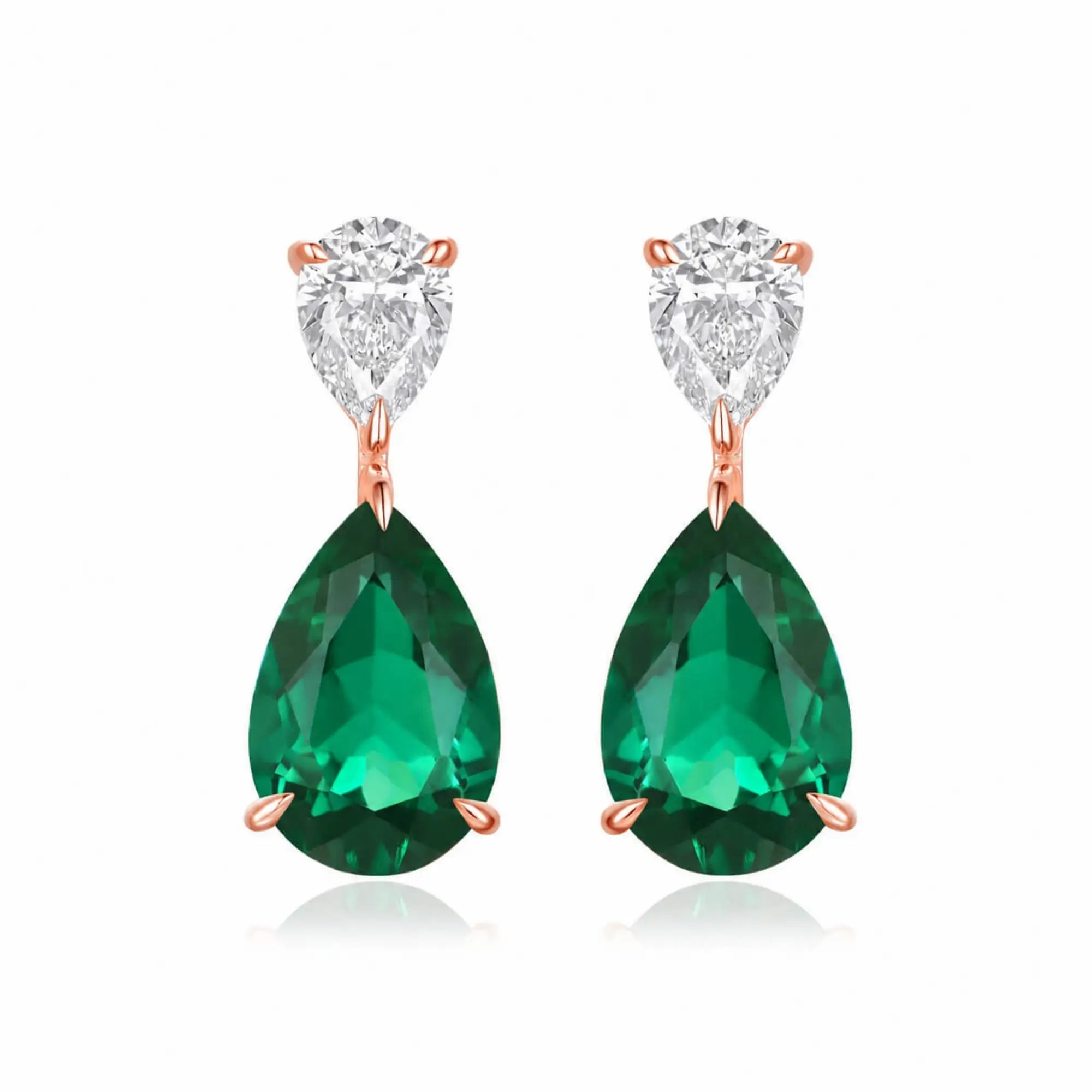 Duet 7ctw Pear Lab Grown Diamond & Emerald Drop Earrings in 14k rose gold