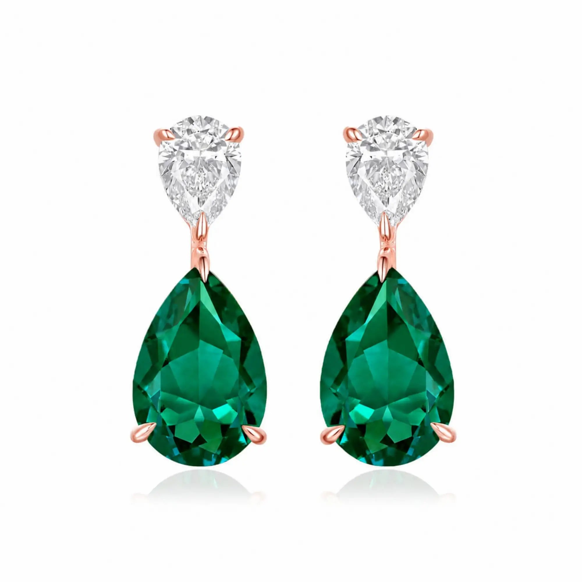 Duet 7ctw Pear Lab Grown Diamond & Emerald Drop Earrings in 14k rose gold