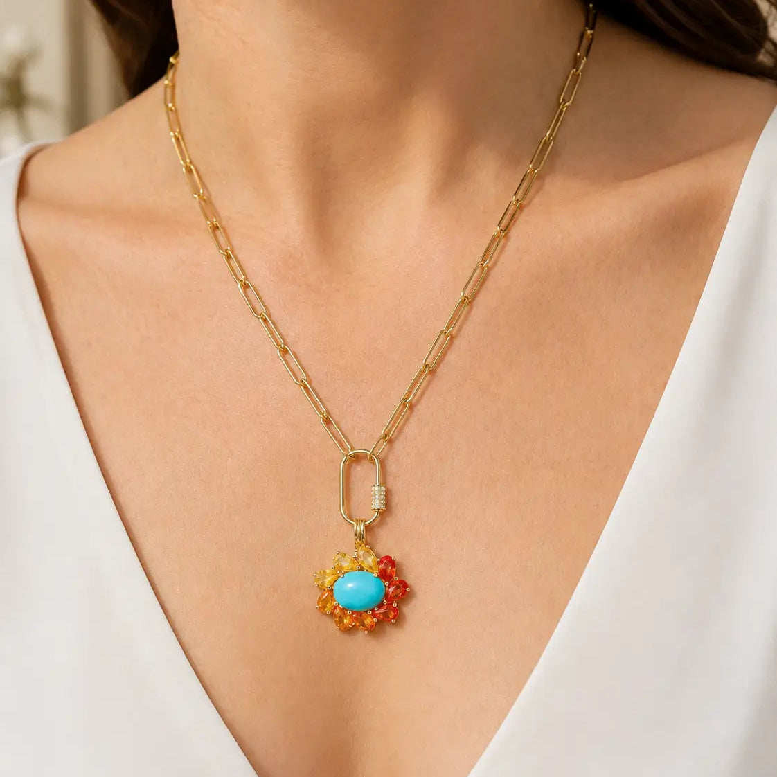 Sunset Halo 4.15ctw Natural Turquoise & Sapphire Diamond Lock Paperclip Chain Necklace (One-of-a-Kind)