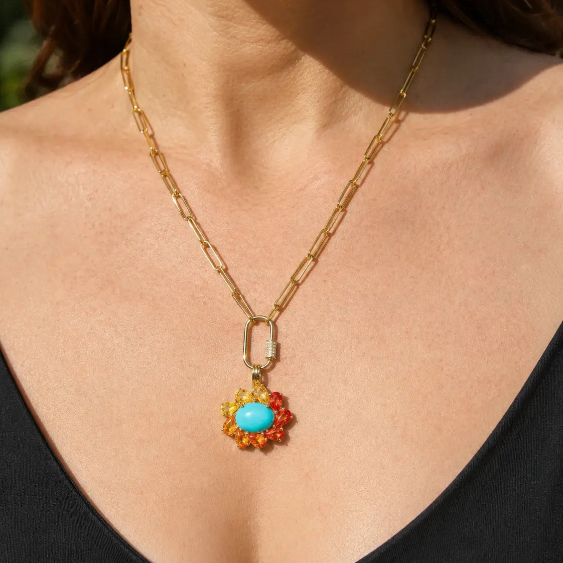 Sunset Halo 4.15ctw Natural Turquoise & Sapphire Diamond Lock Paperclip Chain Necklace (One-of-a-Kind)