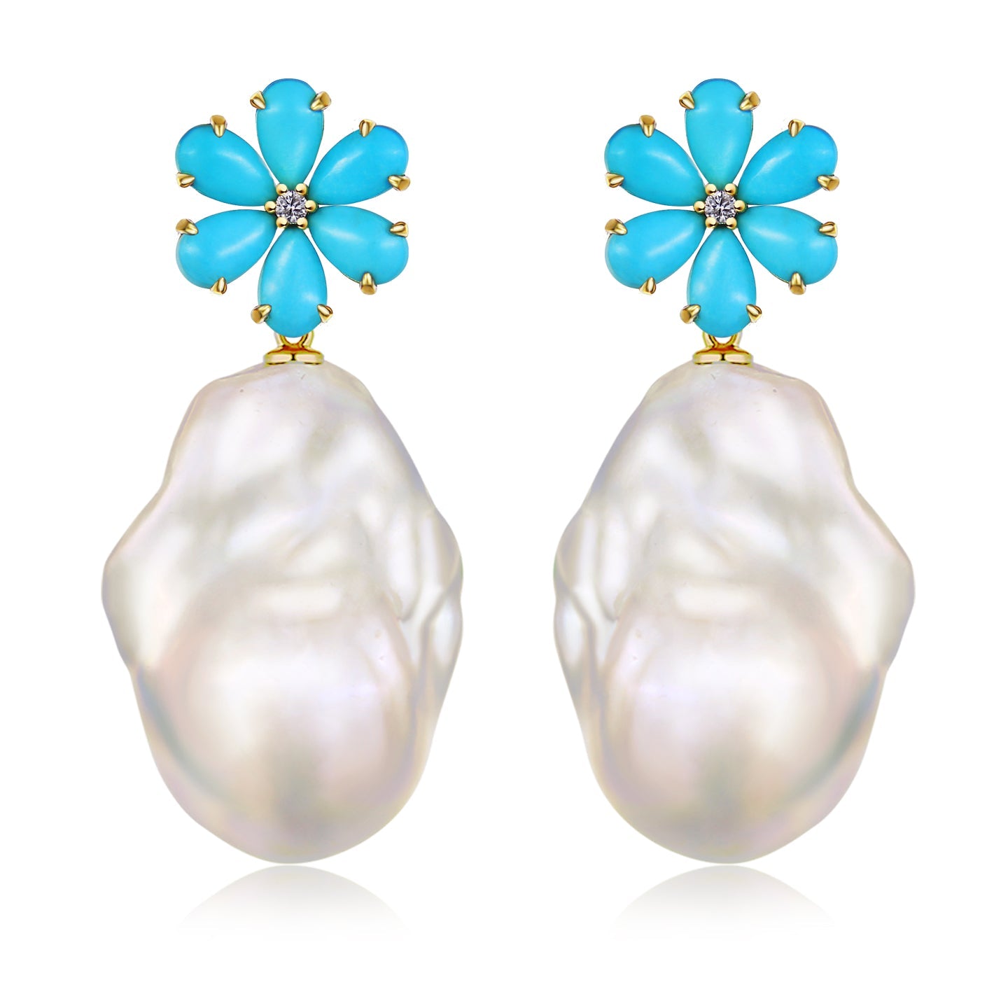 Flora Blossom Turquoise Diamond Baroque Pearl Convertible Drop Earrings