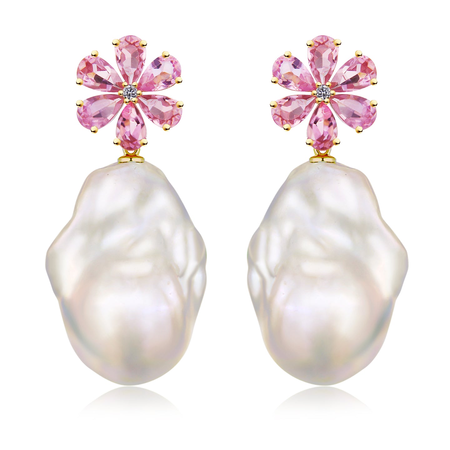 Flora Blossom Pink Sapphire Diamond Pearl Convertible Drop Earrings