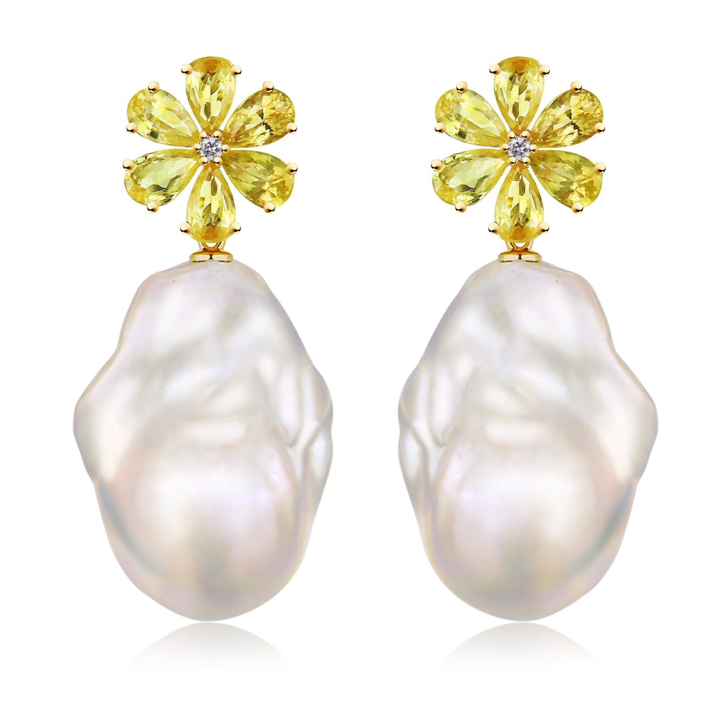 Flora Blossom Yellow Sapphire Diamond Baroque Pearl Convertible Drop Earrings