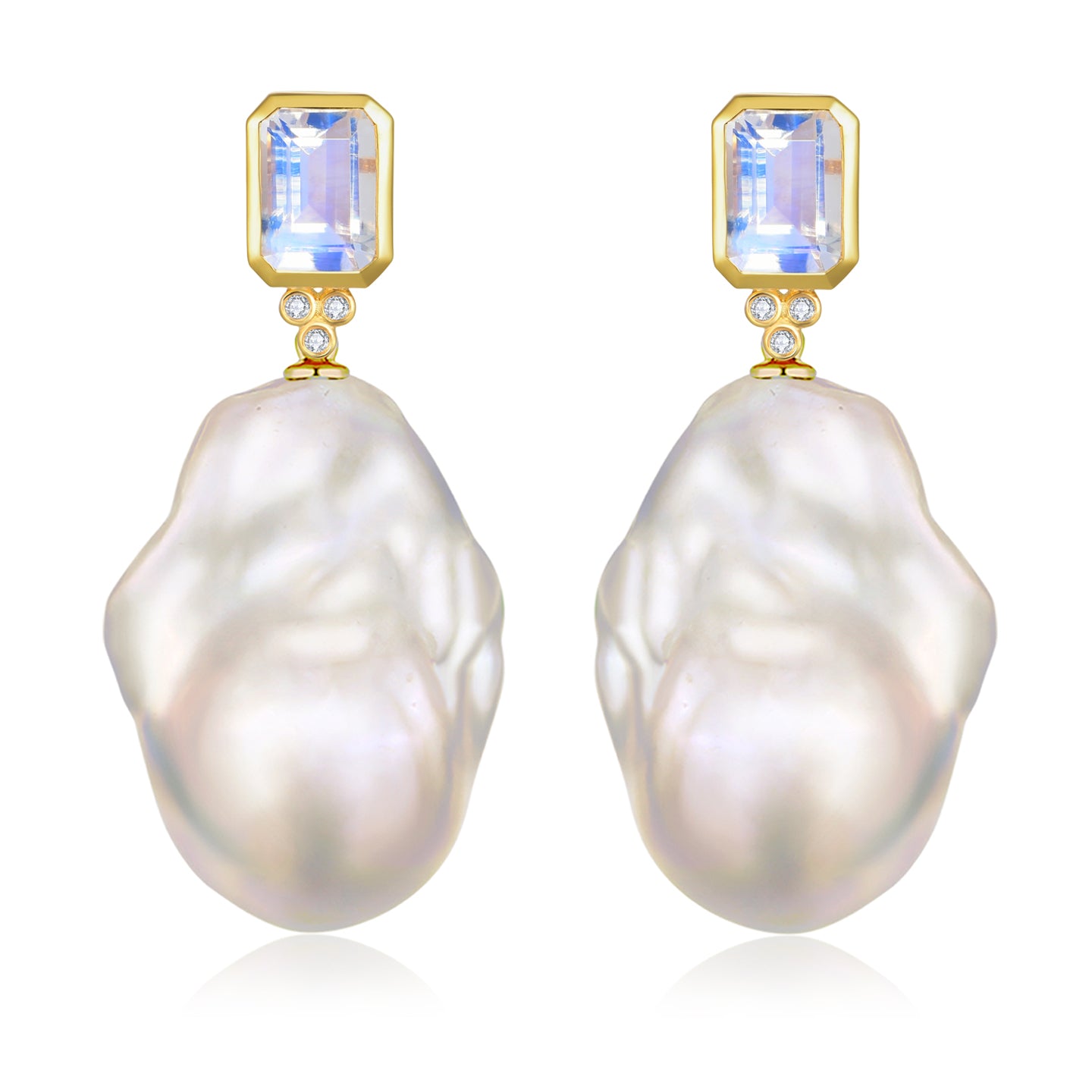 Ayla Emerald-Cut Moonstone Diamond Pearl Earrings