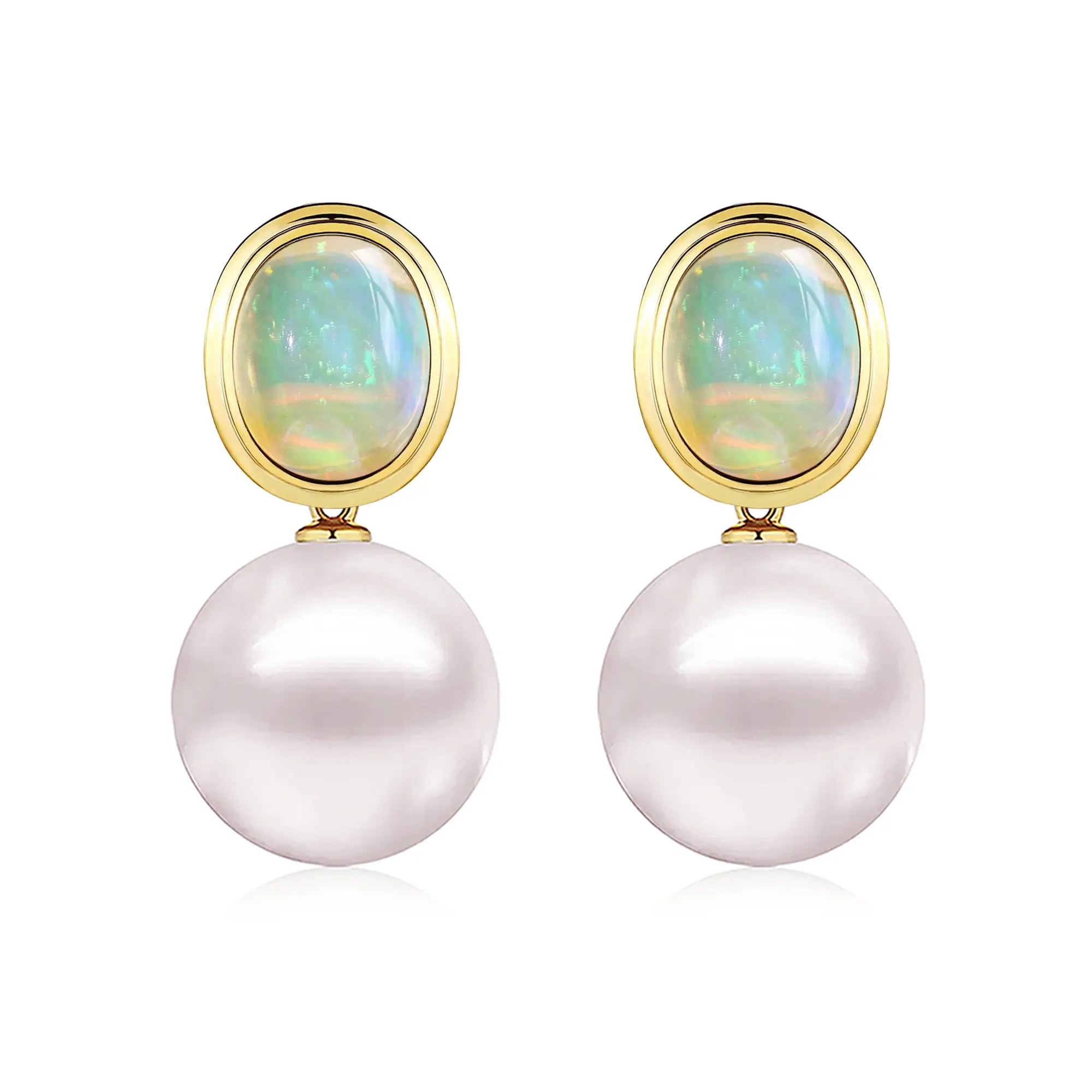Bella Oval Natural Fire Opal Pearl Convertible Drop Earrings 14k yellow gold