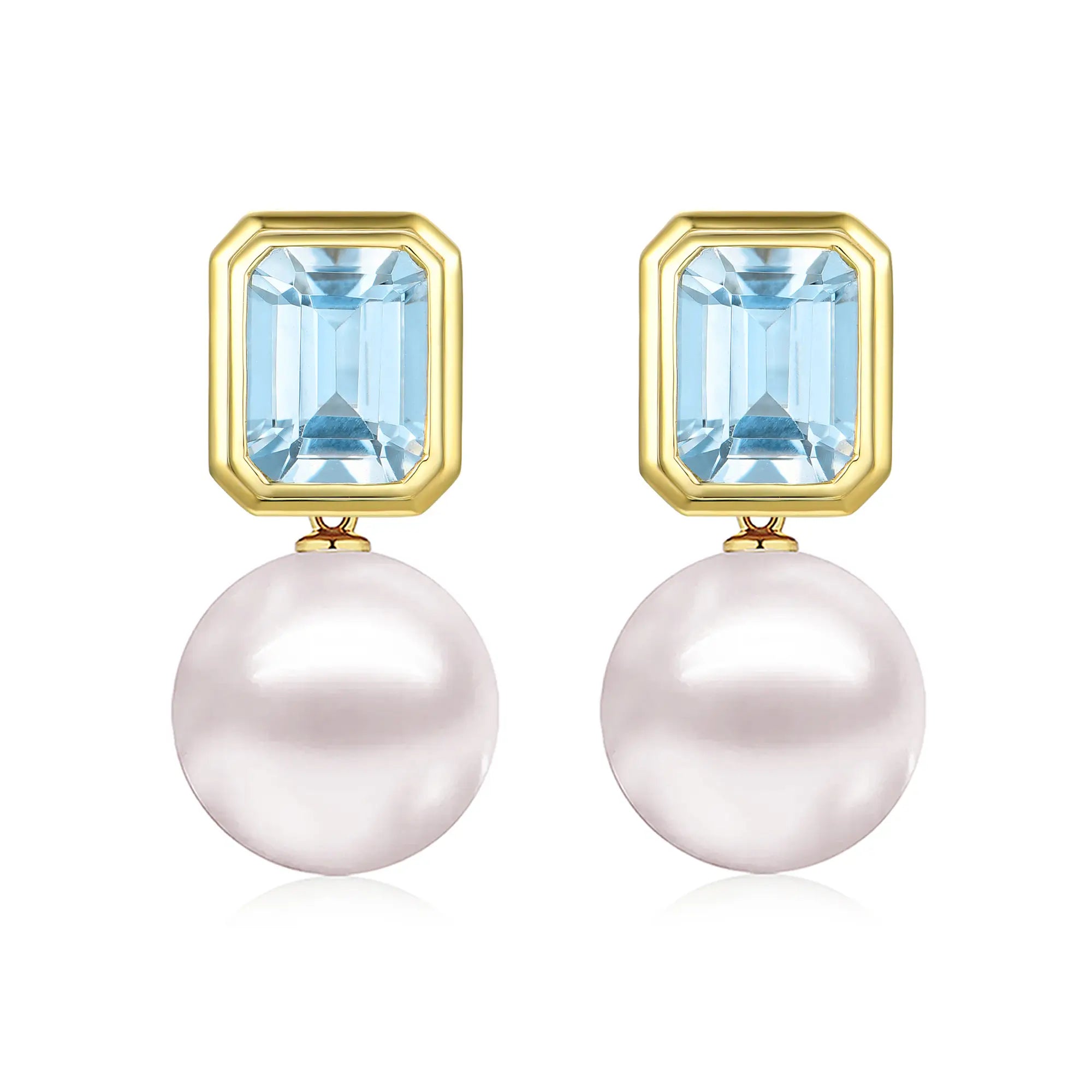 Bella Emerald-Cut Natural Aquamarine 12-13 mm Cultured Pearl Convertible Drop Earrings 14k yellow gold