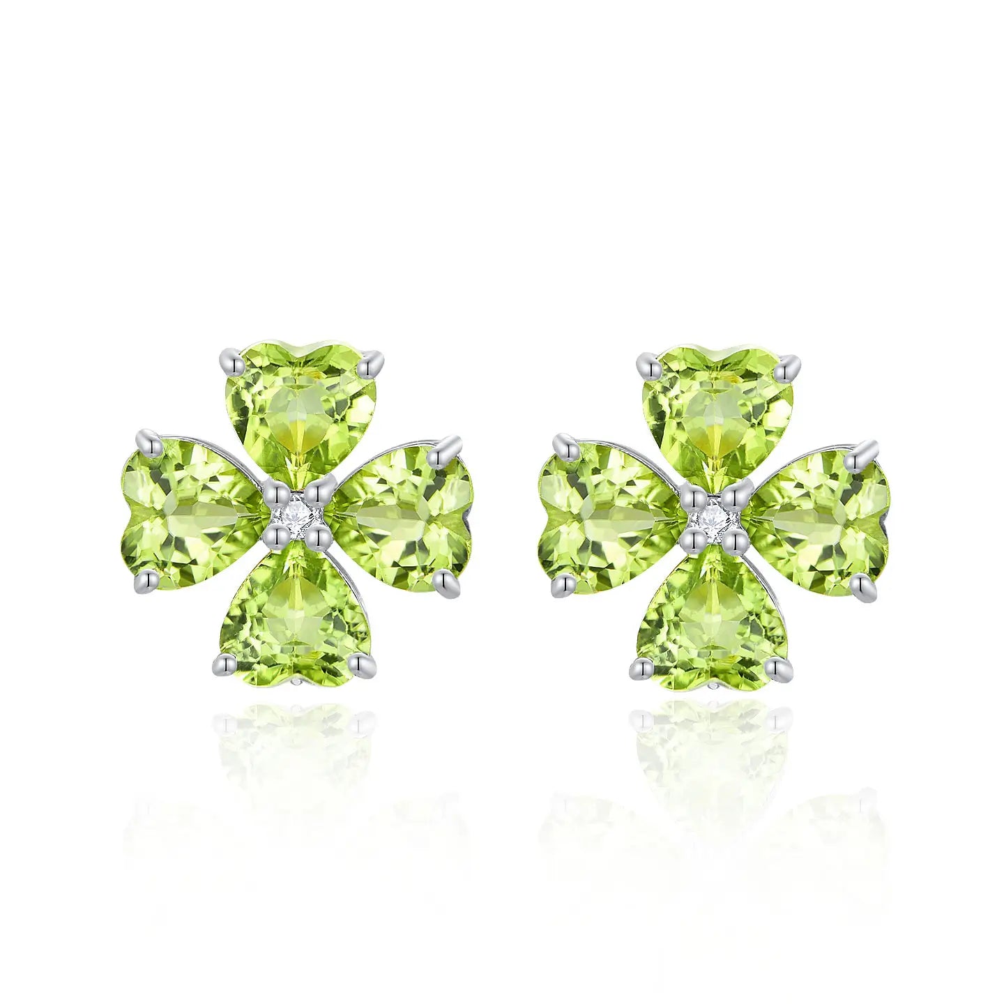Natural Heart Peridot Diamond Clover Pearl Earrings 14K white Gold