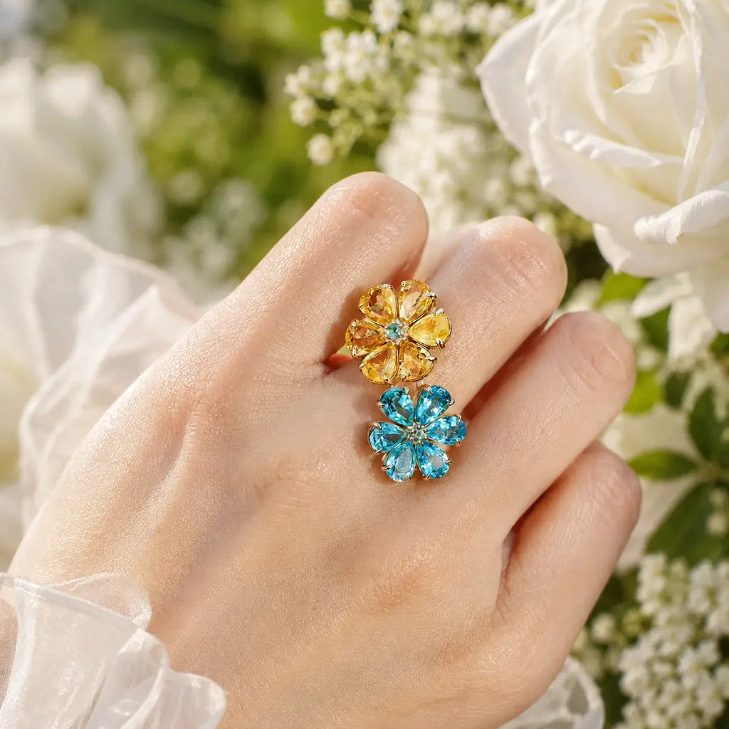 kai fine jewelry Flora 6.56 ctw Natural Yellow Sapphire, Apatite & Emerald Double Blossom Ring (One-of-a-Kind)