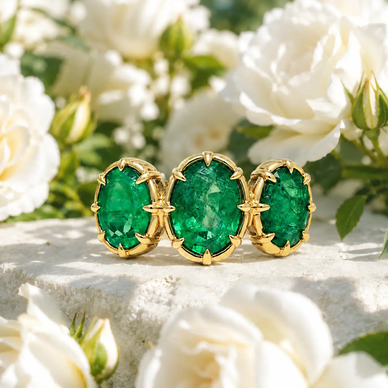 kai fine jewelry 14k gold Aurea 2.67 ctw Natural Emerald Three Stone Ring size 7 (One-of-a-Kind)