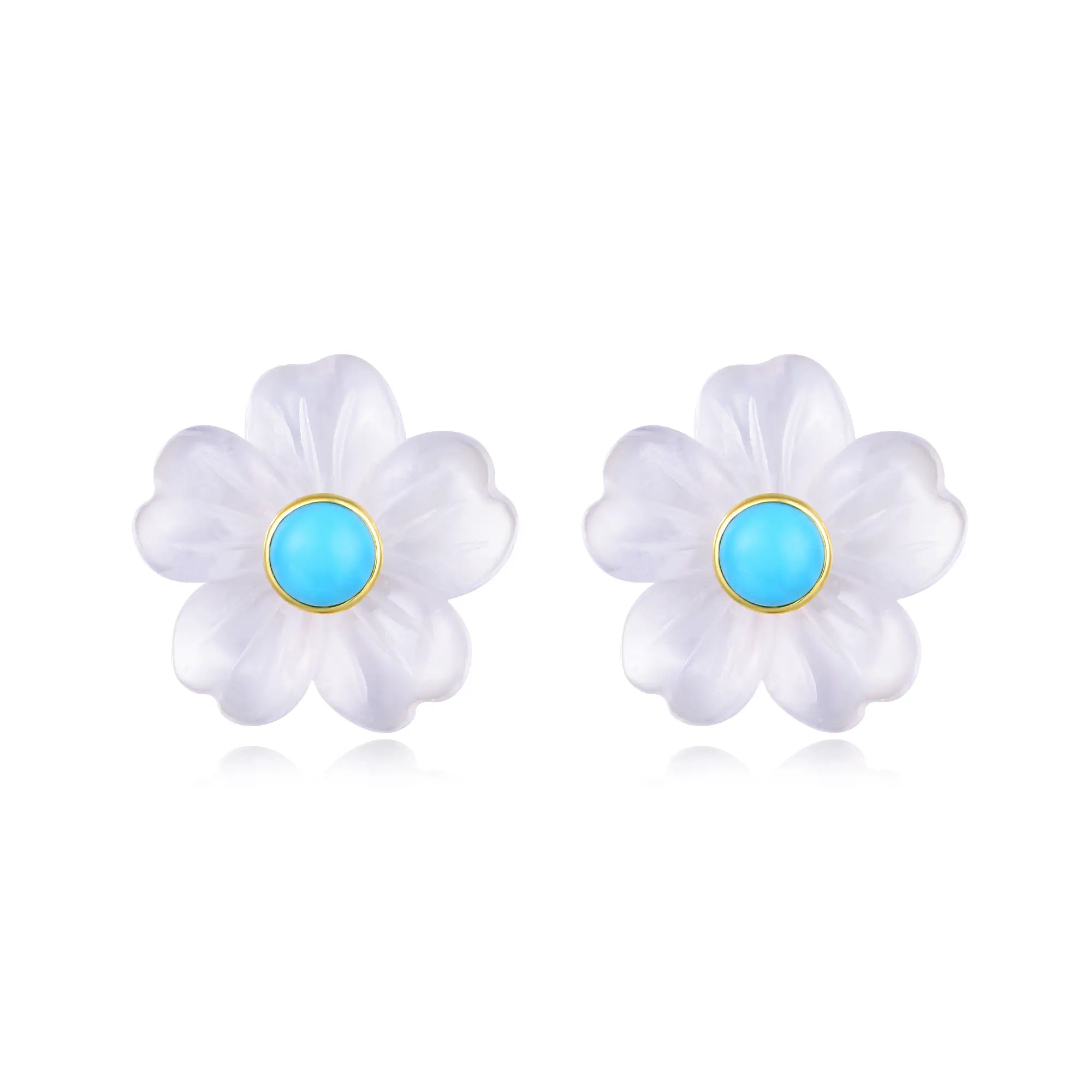 Tropical Blossom Natural Turquoise & Quartz Petal Earrings 14k yellow gold