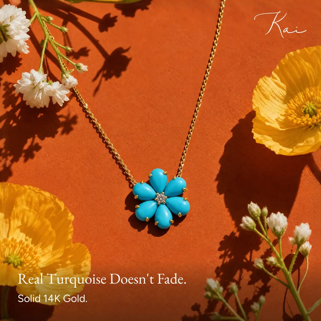 Flora Natural Sleeping Beauty Turquoise Diamond Necklace in 14k gold