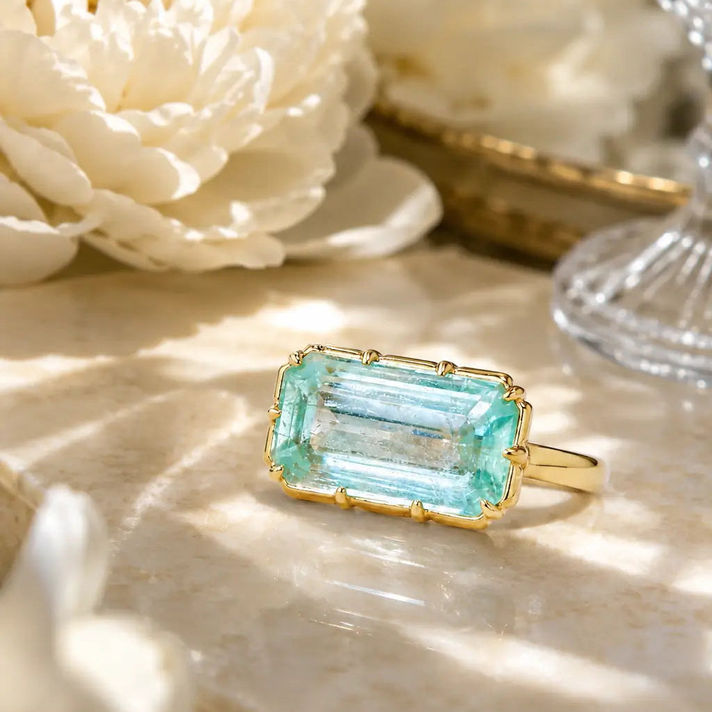 Aurea 4.34 ctw Guild Certified Natural Vanadium Beryl East-West Ring (One-of-a-Kind)