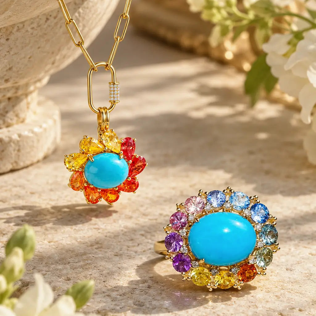 (SOLD) Sunset Halo 4.15ctw Natural Turquoise & Sapphire Diamond Lock Paperclip Chain Necklace (One-of-a-Kind)
