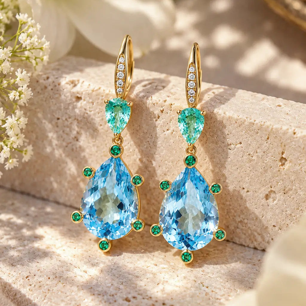 Garden Melody 9.48 ctw AIGS Certified Natural Aquamarine & Emerald Lever-Back Earrings (One-of-a-Kind)