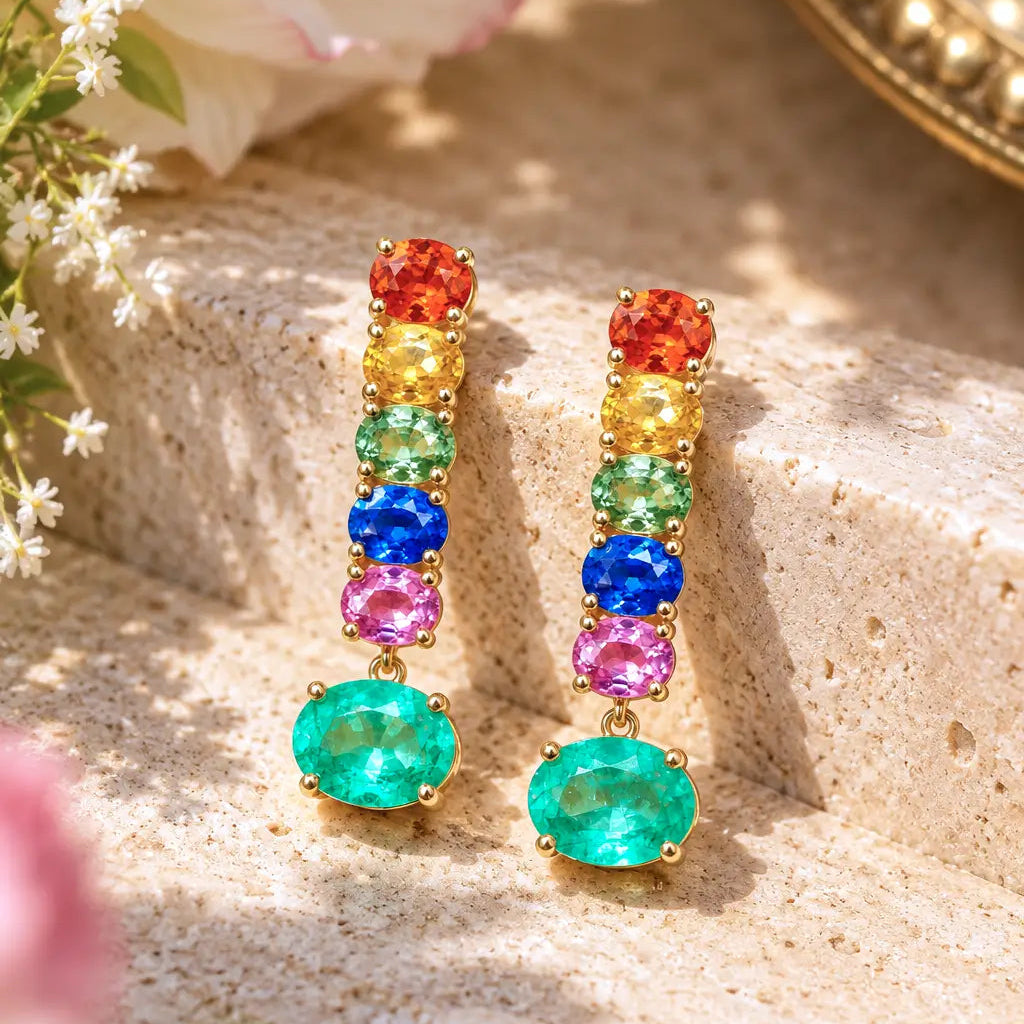 Garden Melody 5.16 ctw Natural Emerald & Rainbow Sapphire Drop Earrings (One-of-a-Kind)