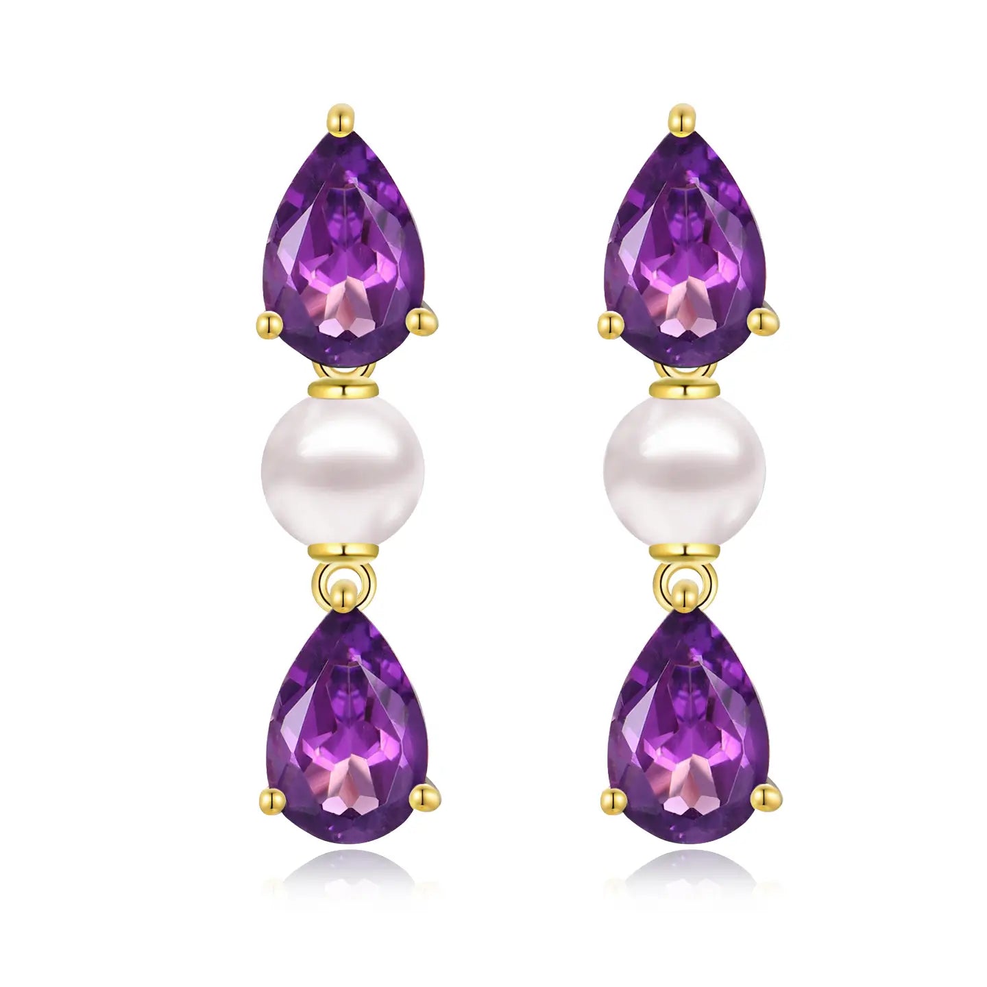 Venus Tears Natural Purple Amethyst Pearl Drop Earrings 14k yellow gold