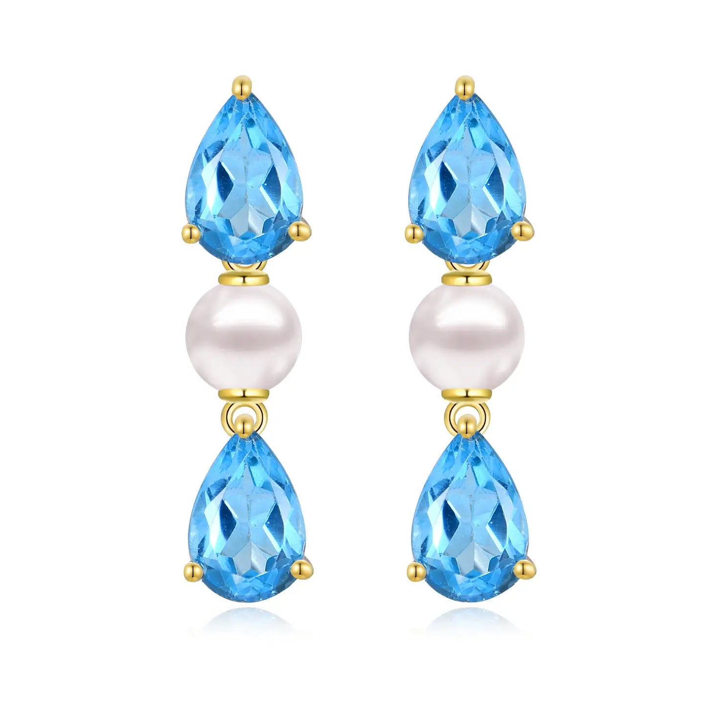 Venus Tears Natural Blue Topaz Pearl Drop Earrings 14k Yellow Gold