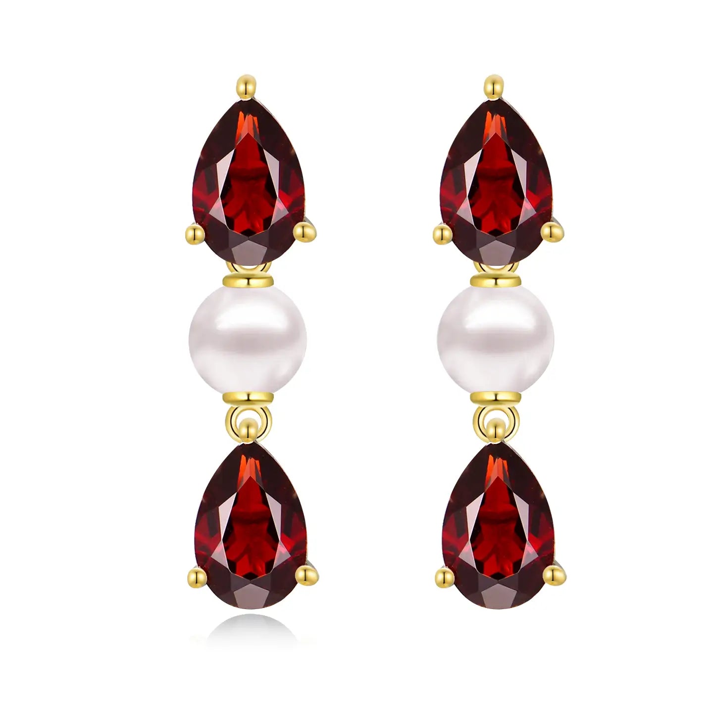 Venus Tears Natural Red Garnet Pearl Drop Earrings 14k yellow gold