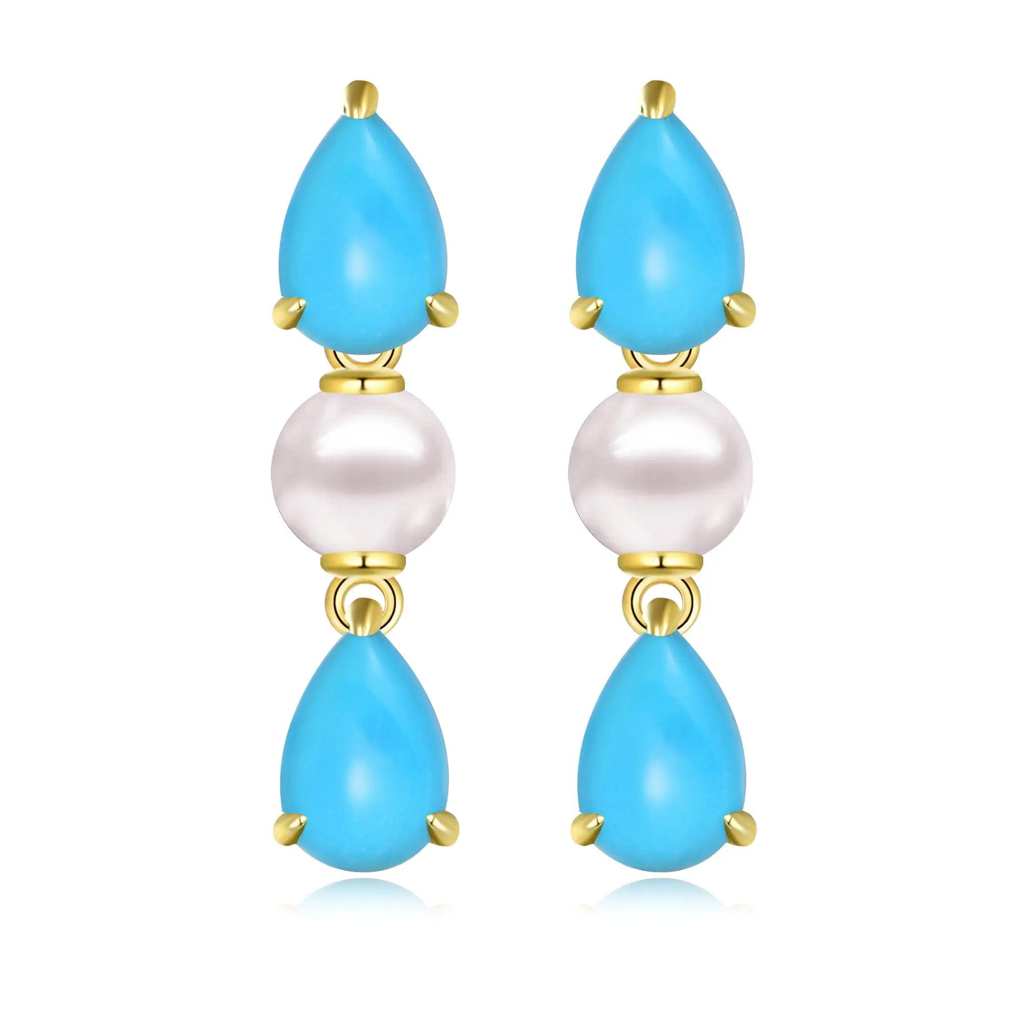 Venus Tears Pear Natural Turquoise Pearl Drop Earrings 14k Yellow gold