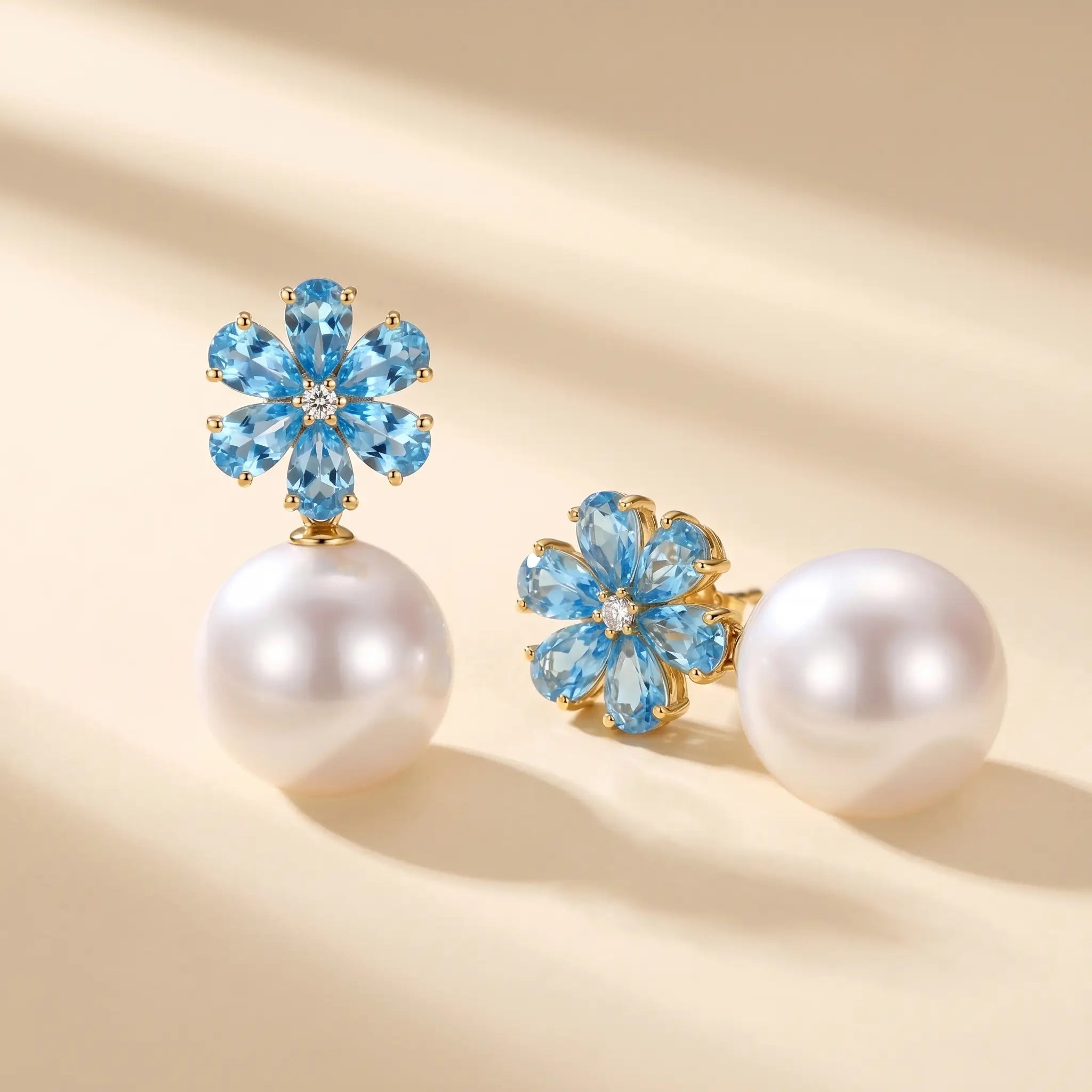 Flora Natural Topaz Diamond Pearl Convertible Drop Earrings in 14k yellow gold