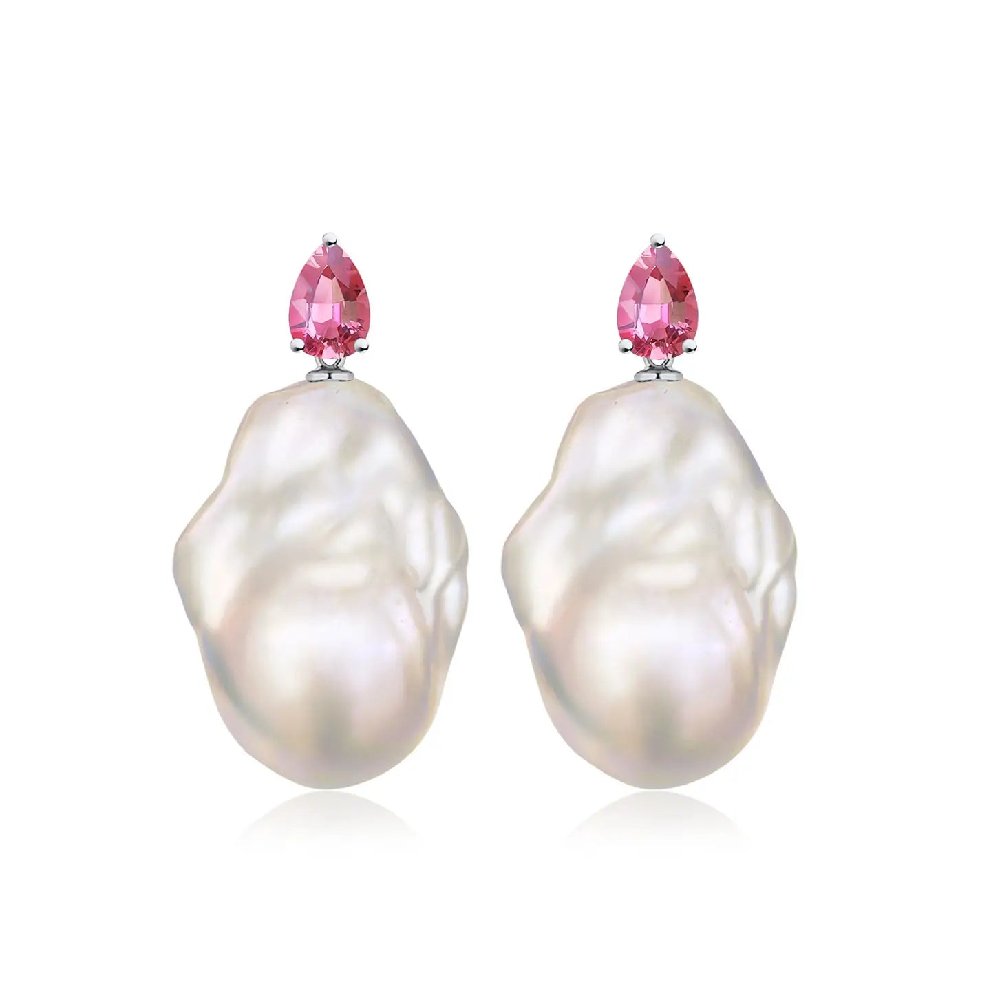 14k white gold sterling silver pear pink tourmaline baroque pearl drop earrings