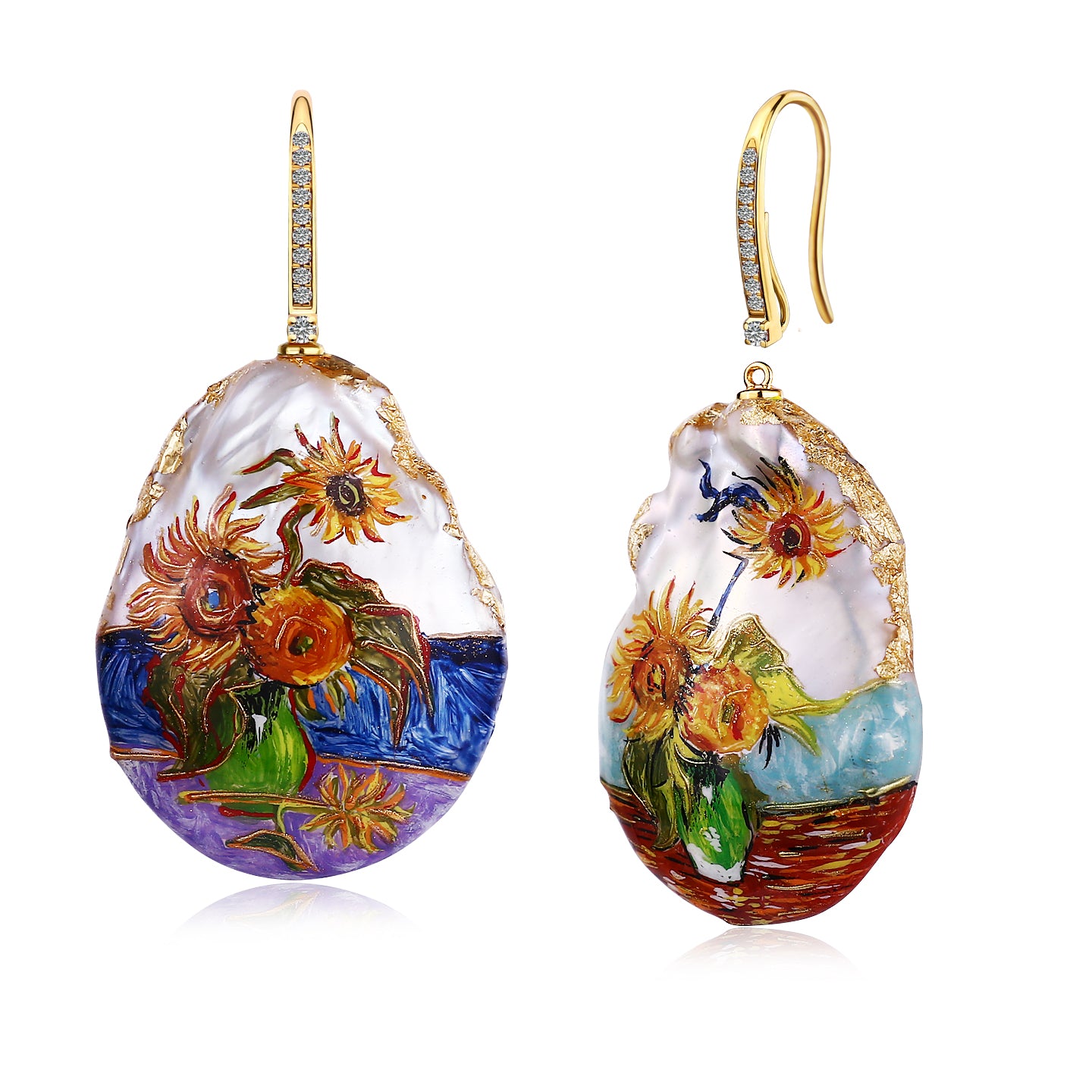 Paradise Diamond Convertible Hand-painted Sunflowers Pearl Drop Earrings