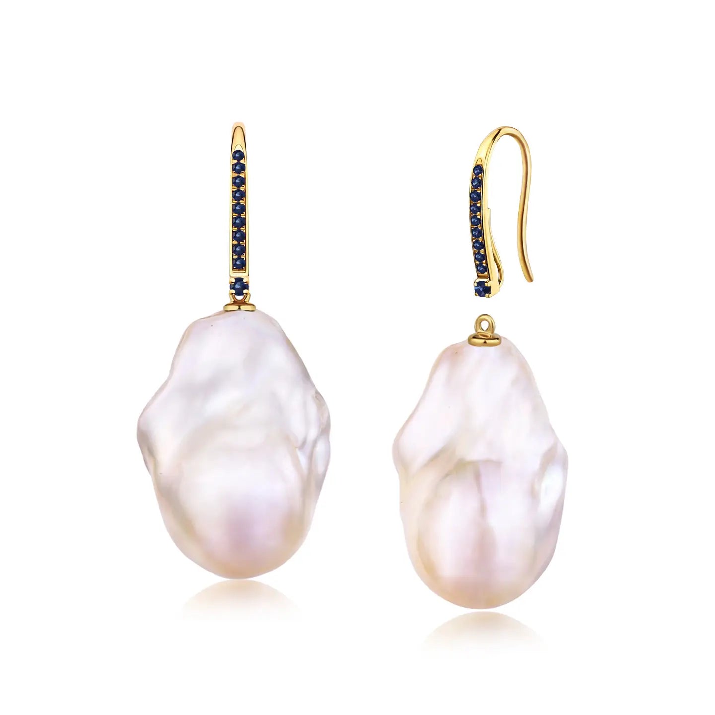 14k yellow gold blue sapphire Convertible Baroque Pearl Drop Earrings