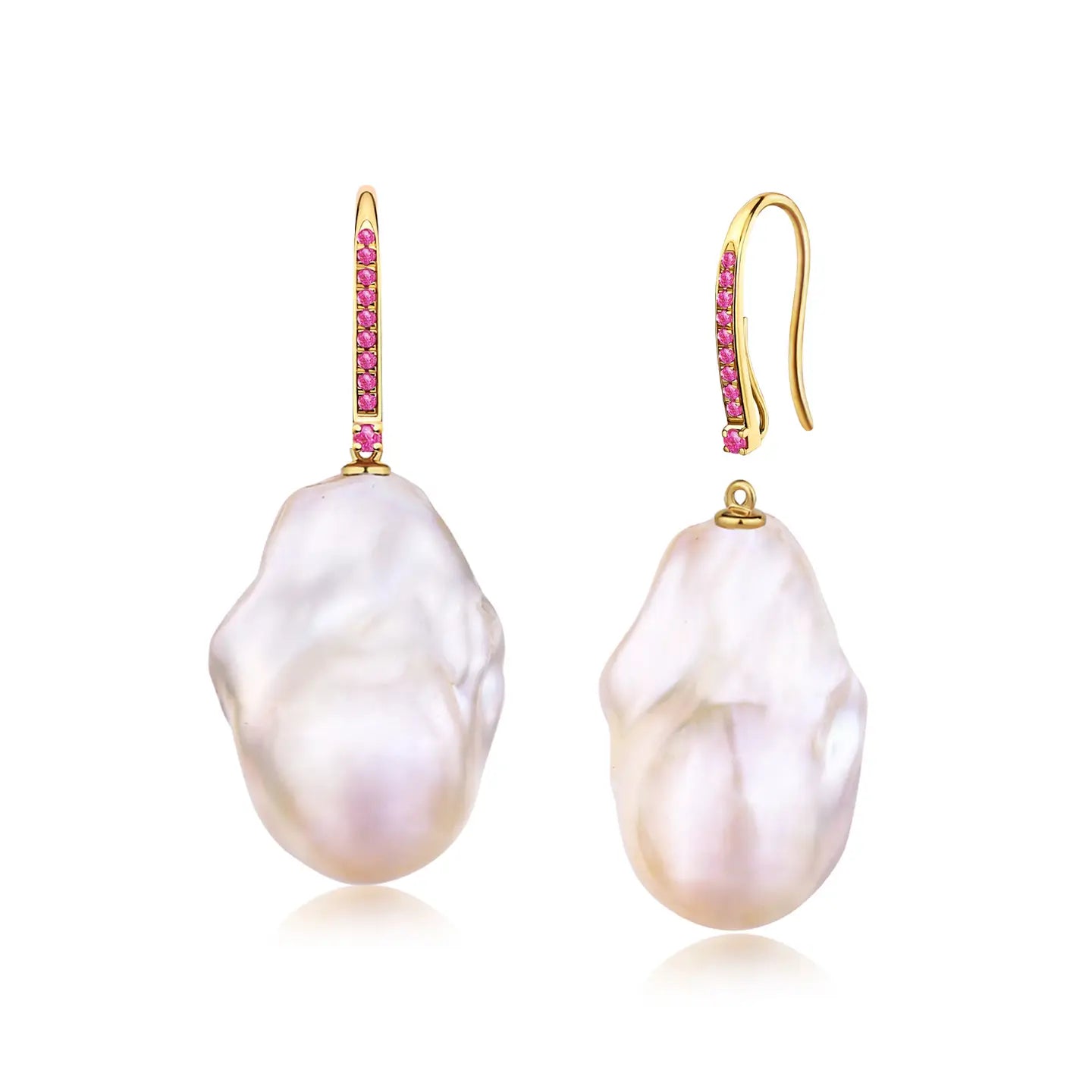14k yellow gold Pink Sapphire Convertible Baroque Pearl Drop Earrings