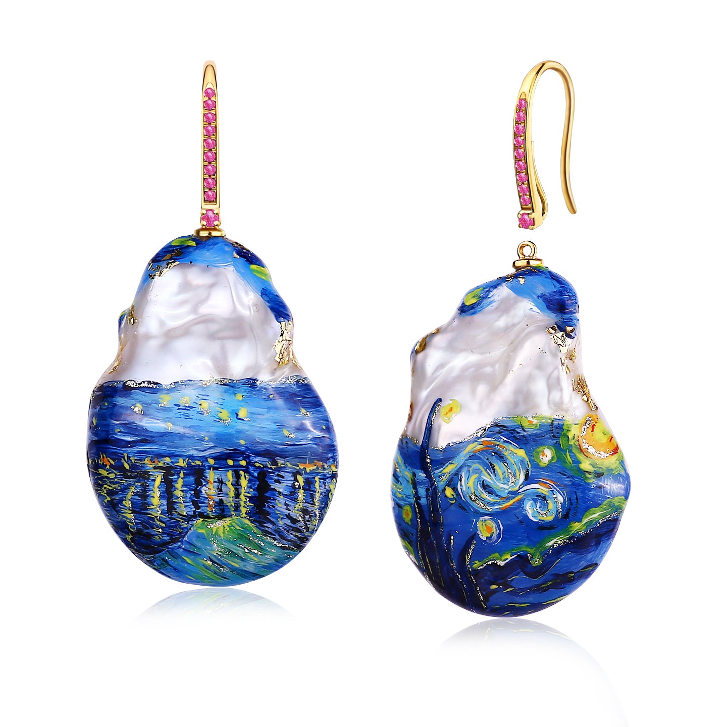 Paradise Pink Sapphire Convertible Hand-painted Starry Night Pearl Drop Earrings