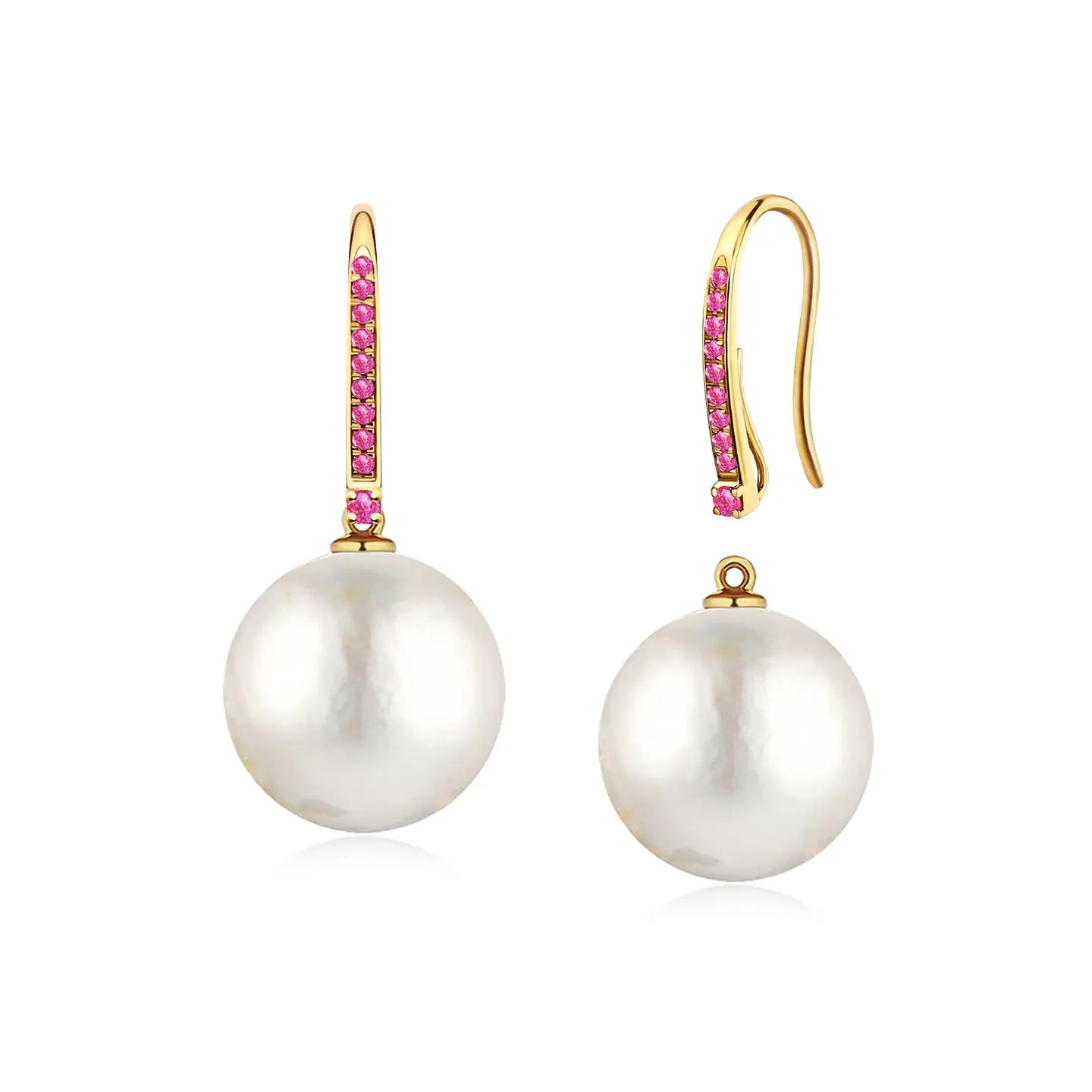 14k yellow gold Pink Sapphire Convertible Round Baroque Pearl Drop Earrings