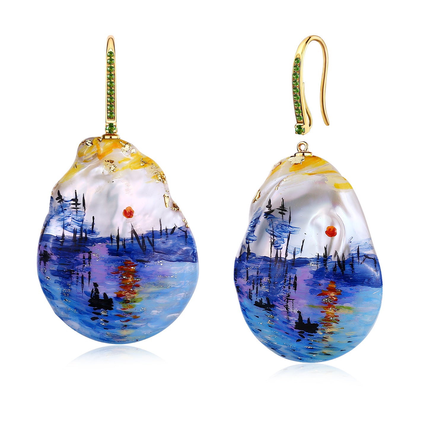 Paradise Tsavorite Convertible Hand-painted Impression Sunrise Pearl Drop Earrings
