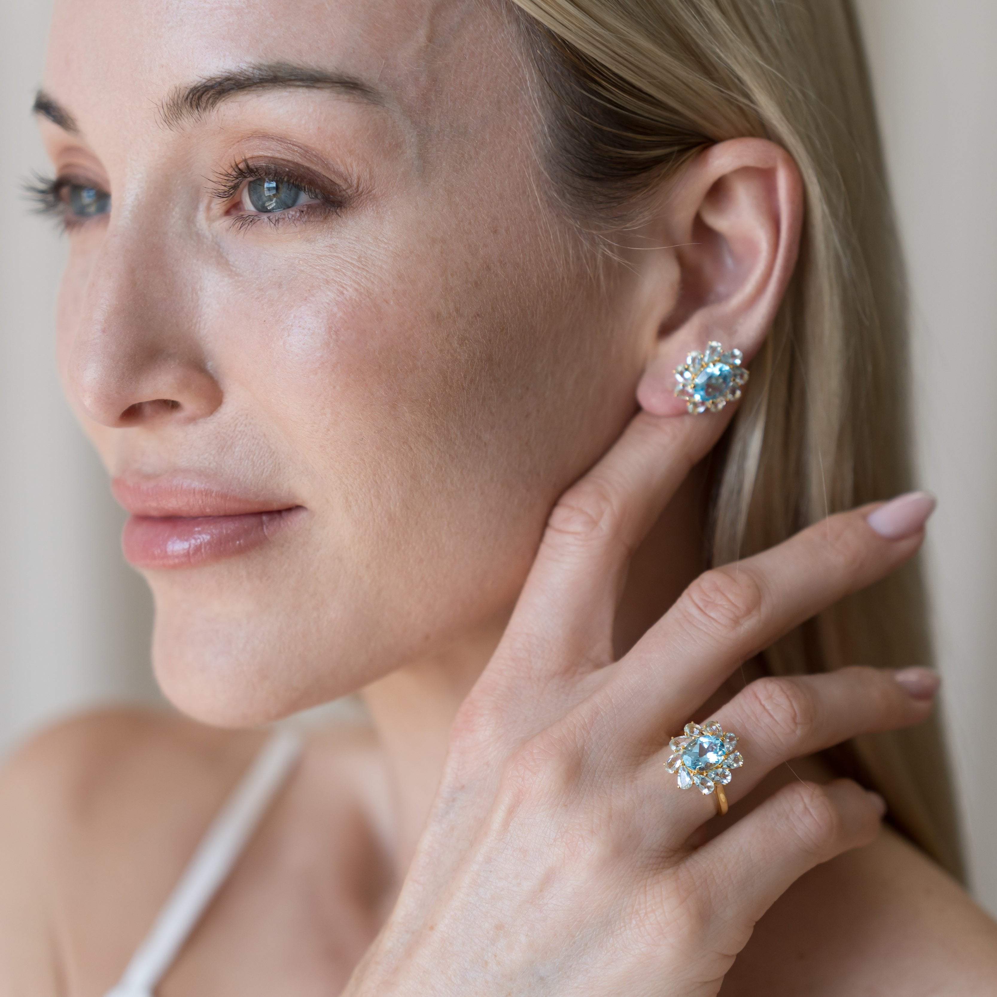 Mellissa Natural Blue Topaz Aquamarine Ring and Earrings 14k yellow gold