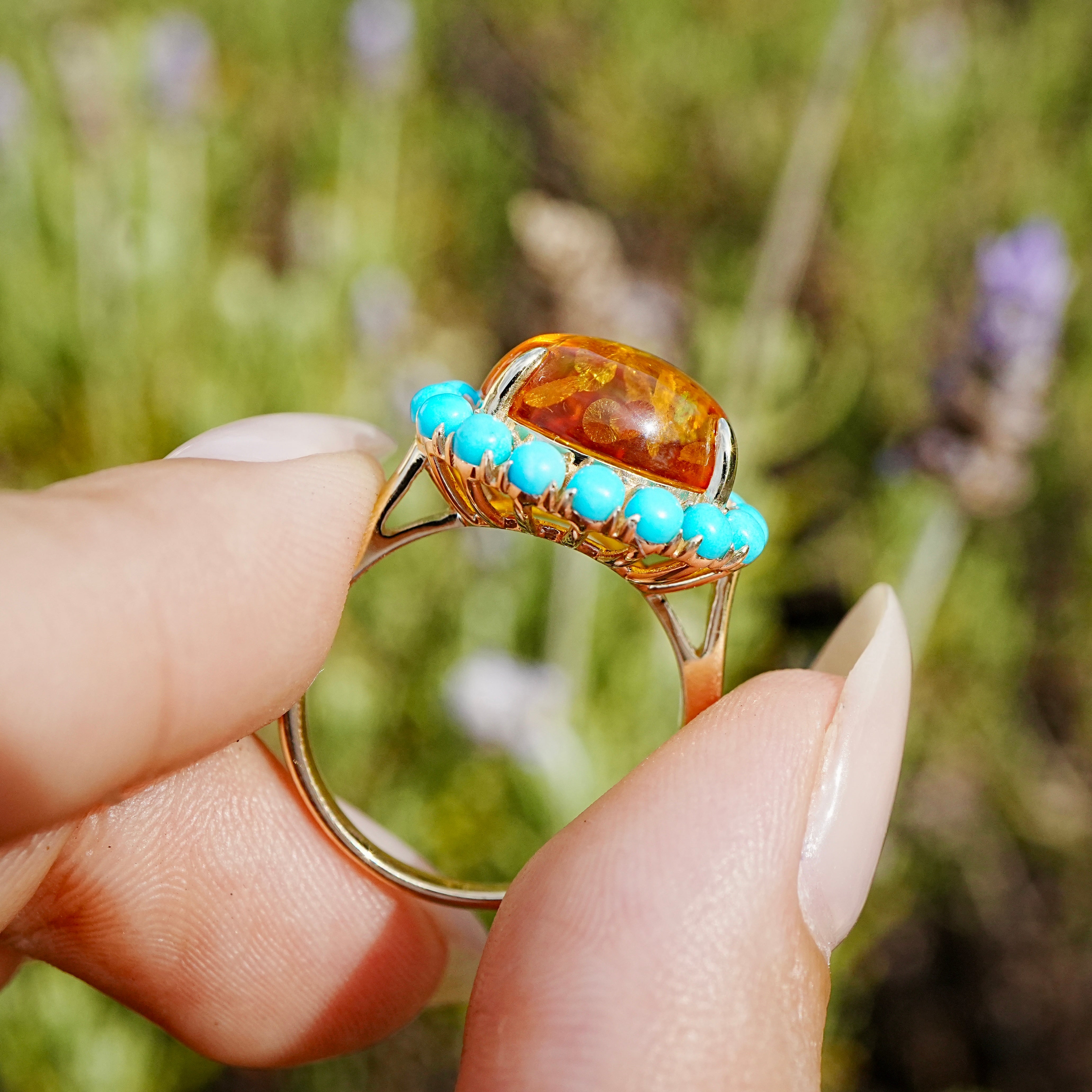Eden Halo 3.10 ctw Natural Amber & Turquoise East-West Ring (One-of-a-Kind)