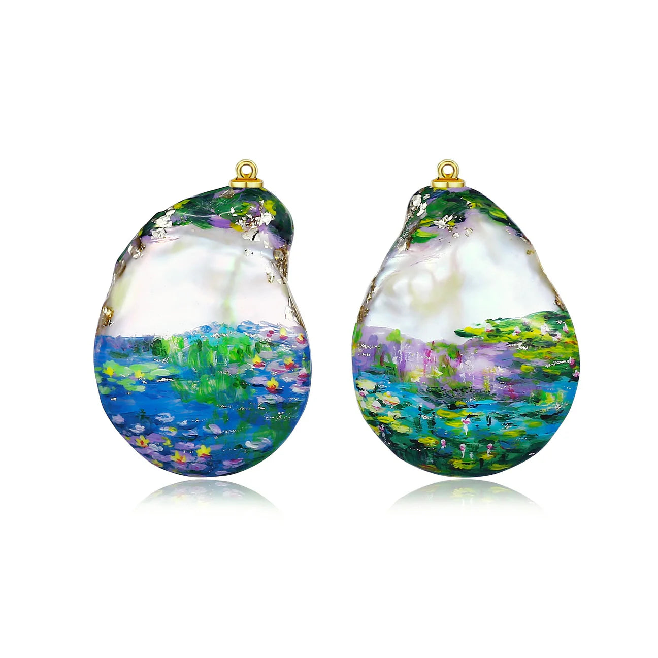 Hand-Painted Water Lilies Baroque Pearl Enhancers