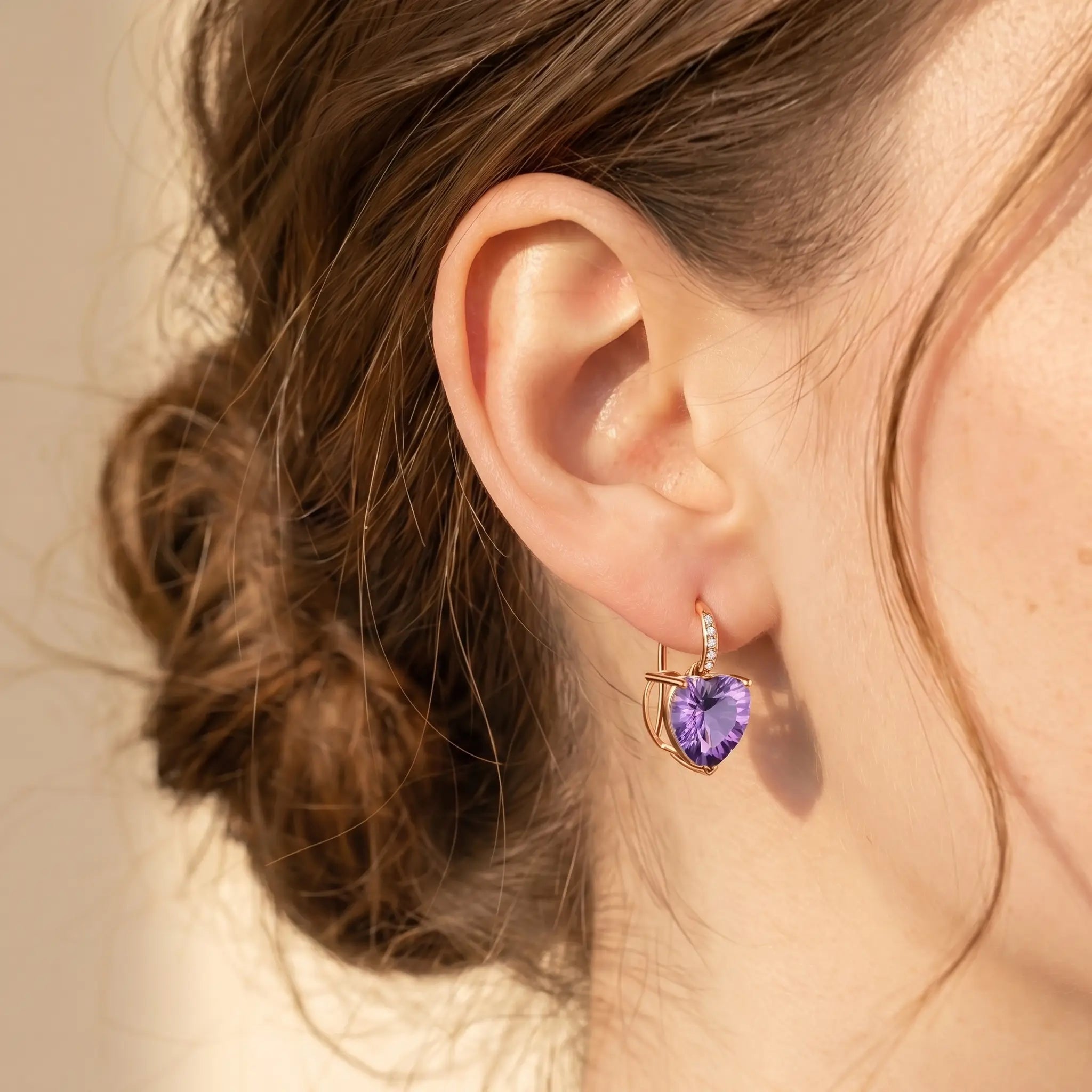 Radiant Natural Heart Amethyst Diamond Drop Earrings in 14k yellow gold