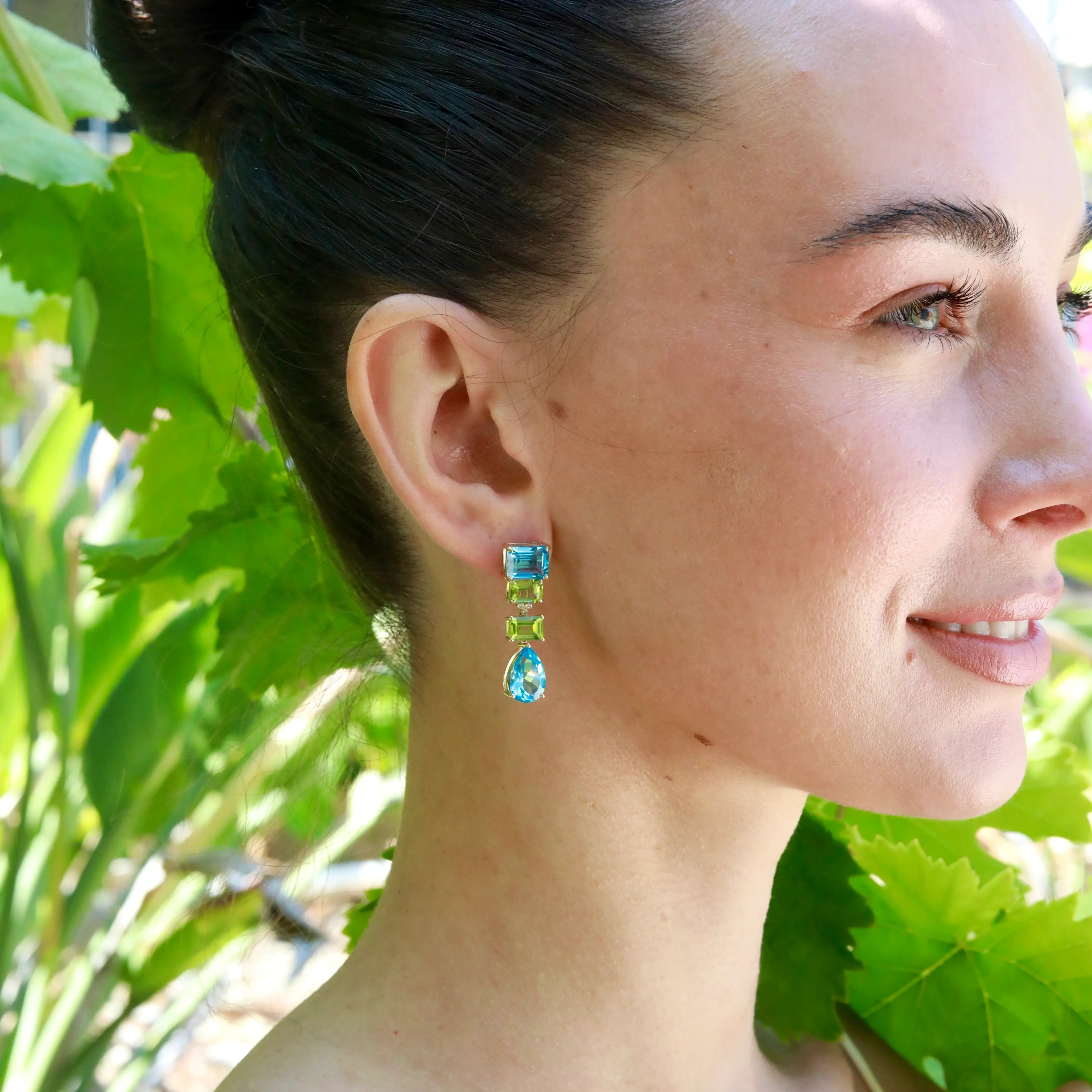 GemFusion Natural blue Topaz Peridot Diamond Convertible Drop Earrings 14k yellow gold