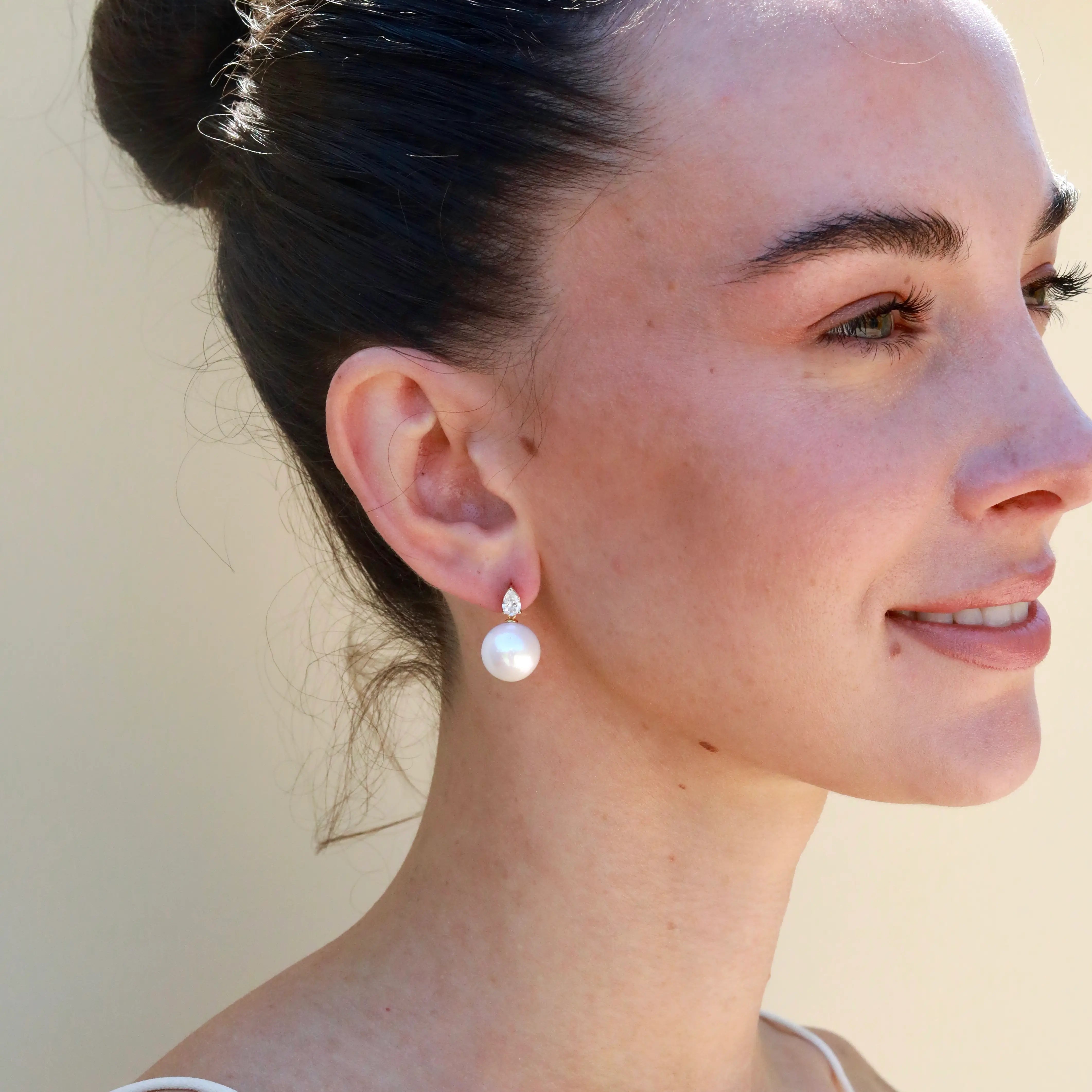 Venus Tears Lab Grown Diamond 12-13mm Cultured Round Pearl Convertible Drop Earrings 14k yellow gold