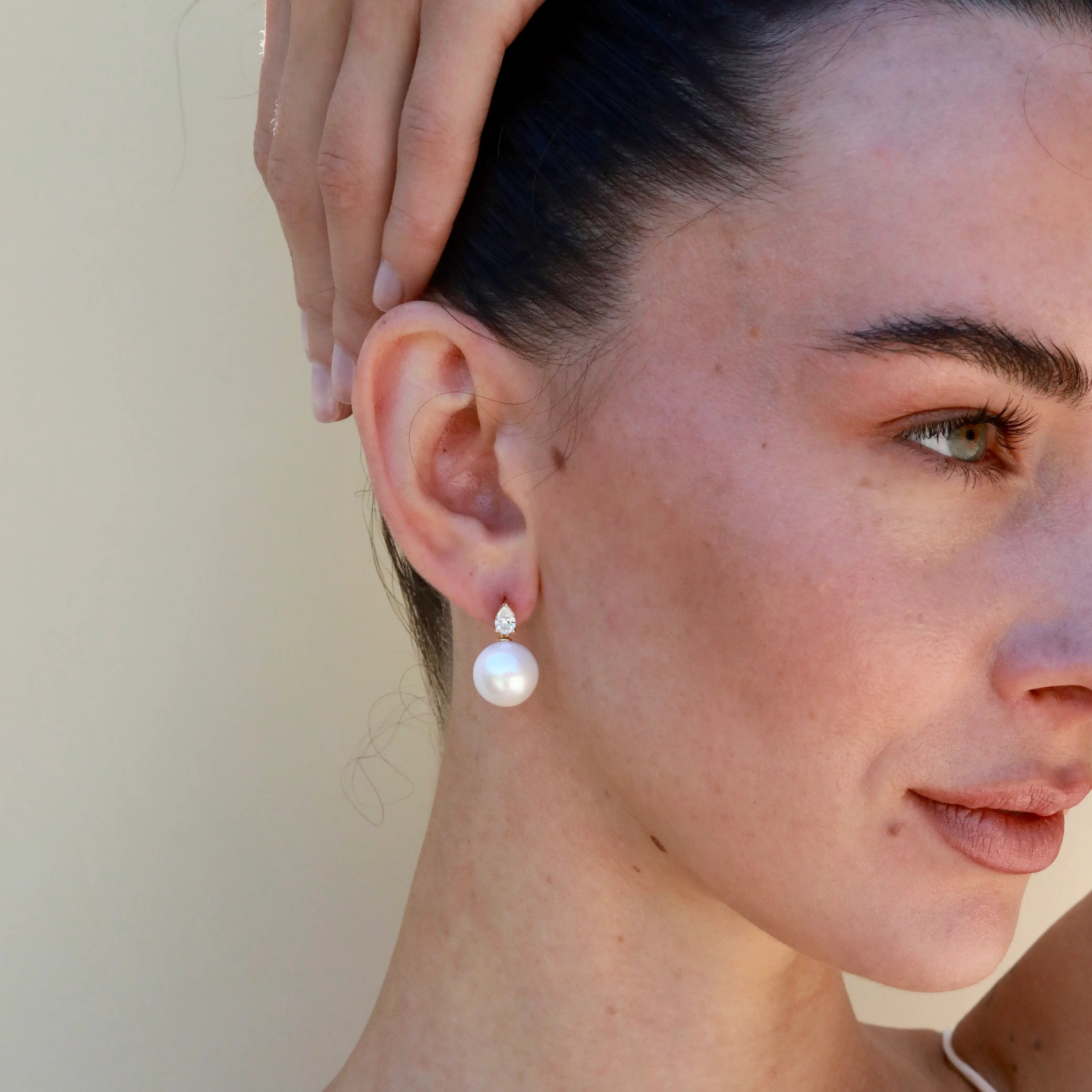 Venus Tears Lab Grown Diamond 12-13mm Cultured Round Pearl Convertible Drop Earrings 14k yellow gold