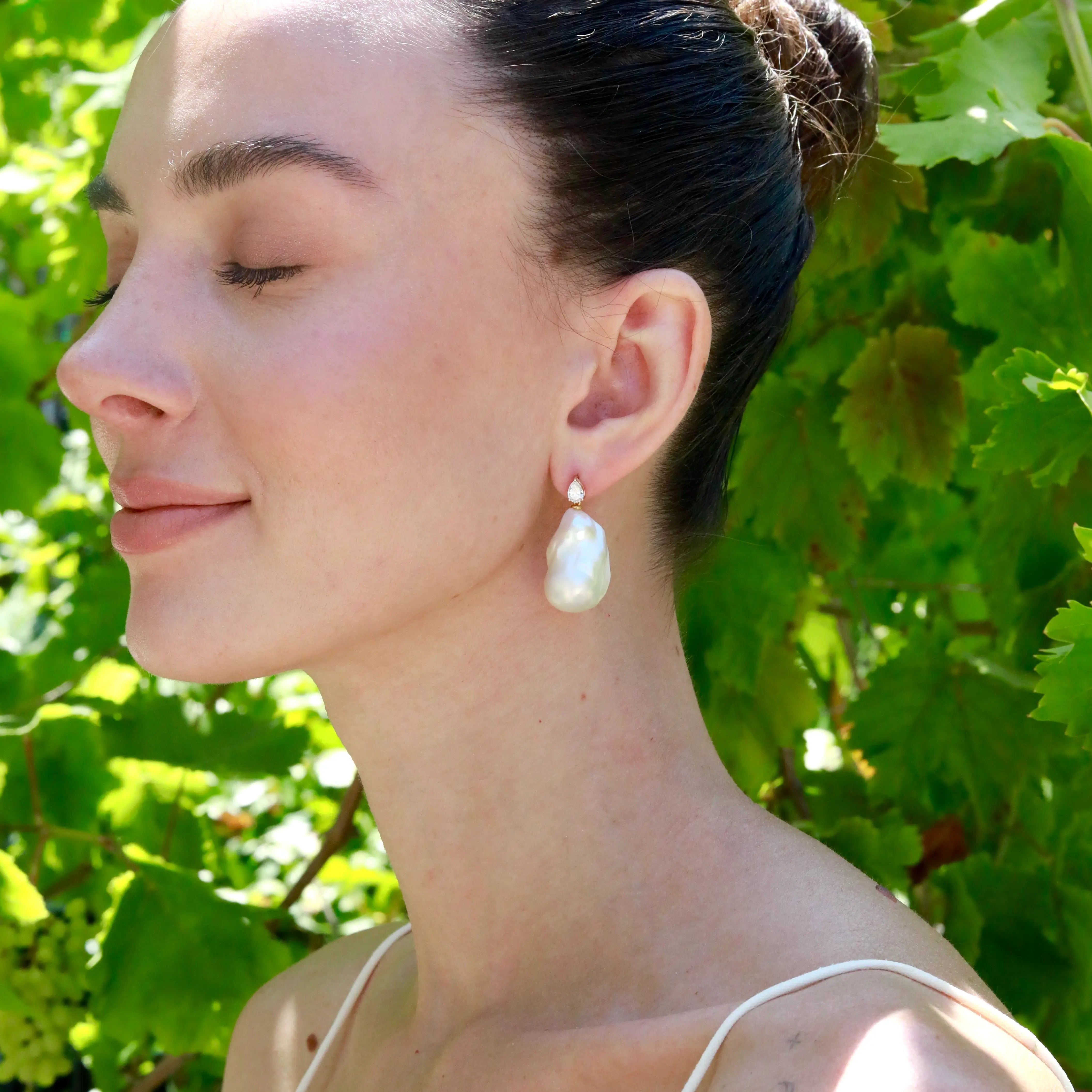 Venus Tears Lab Grown Diamond Baroque Pearl Convertible Drop Earrings 14K Yellow gold