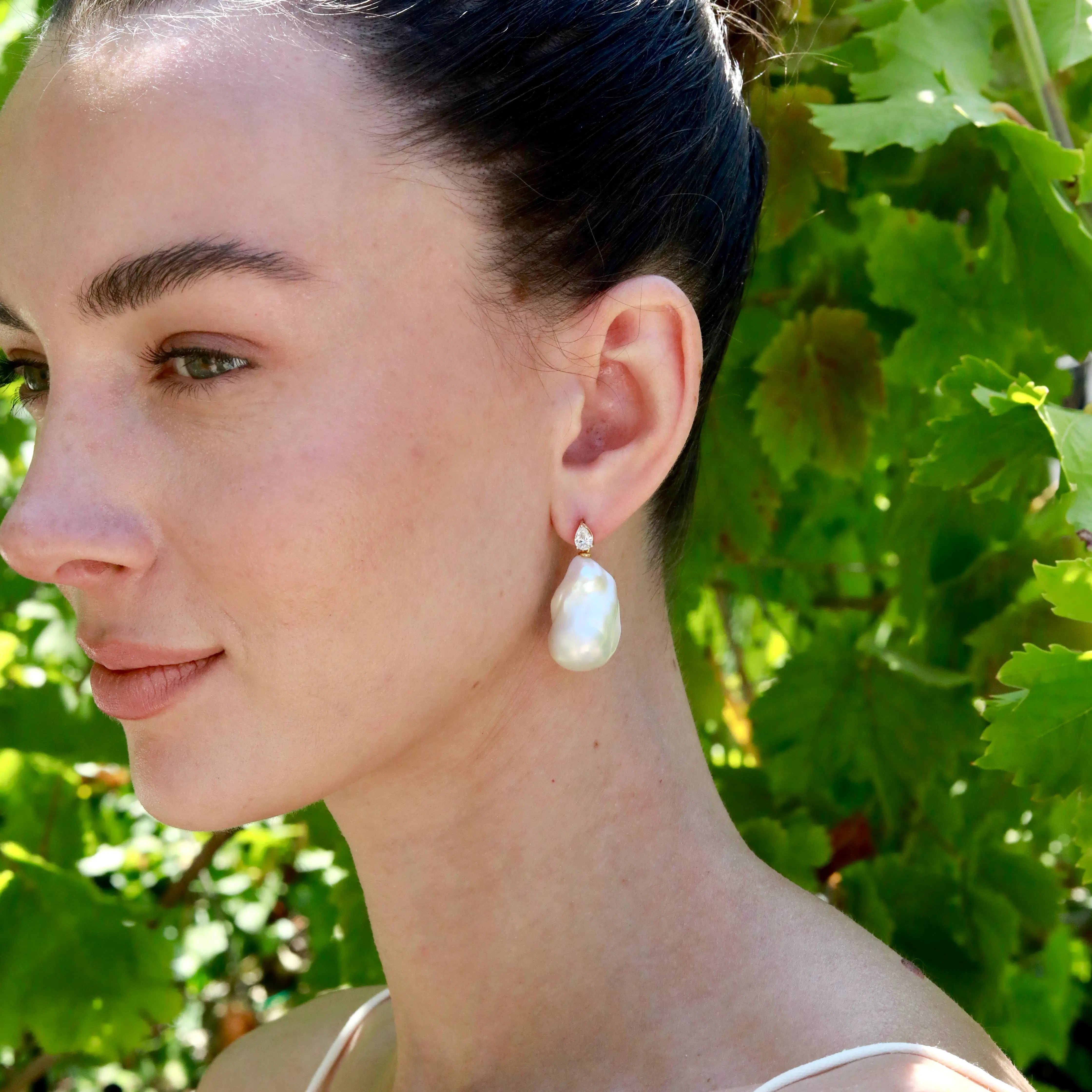 Venus Tears Lab Grown Diamond Baroque Pearl Convertible Drop Earrings 14K Yellow gold